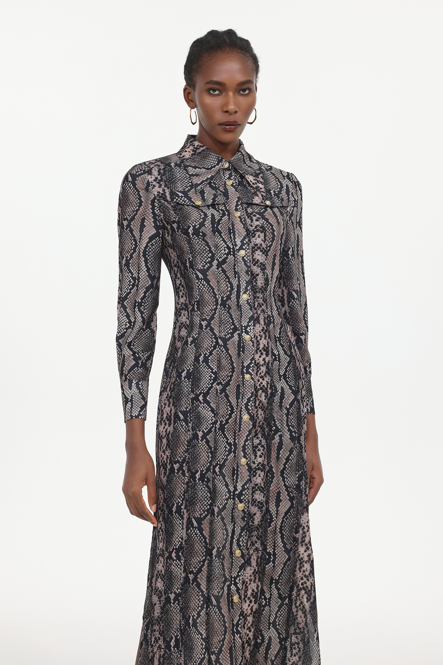 Tinnie Elegant Tailored Long Sleeve Snake Print Woven Maxi Dress