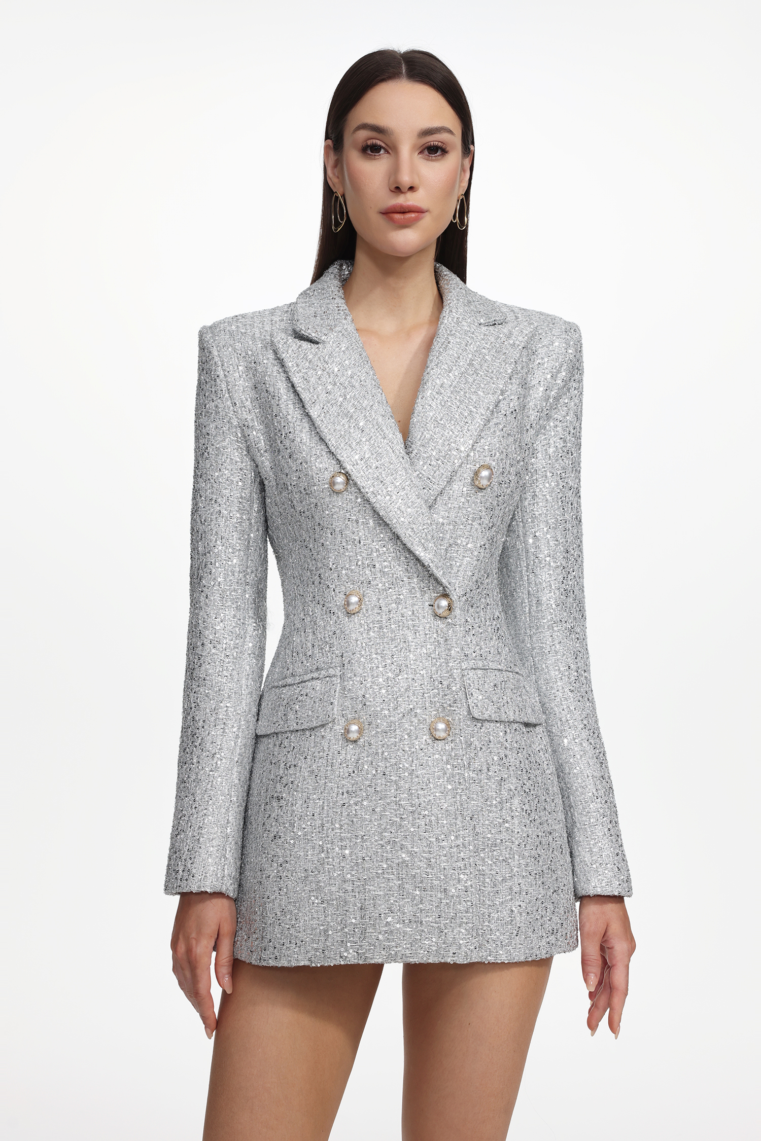 Tereza Glamorous Tailored Long Sleeve Tweed Gray Blazer Dress