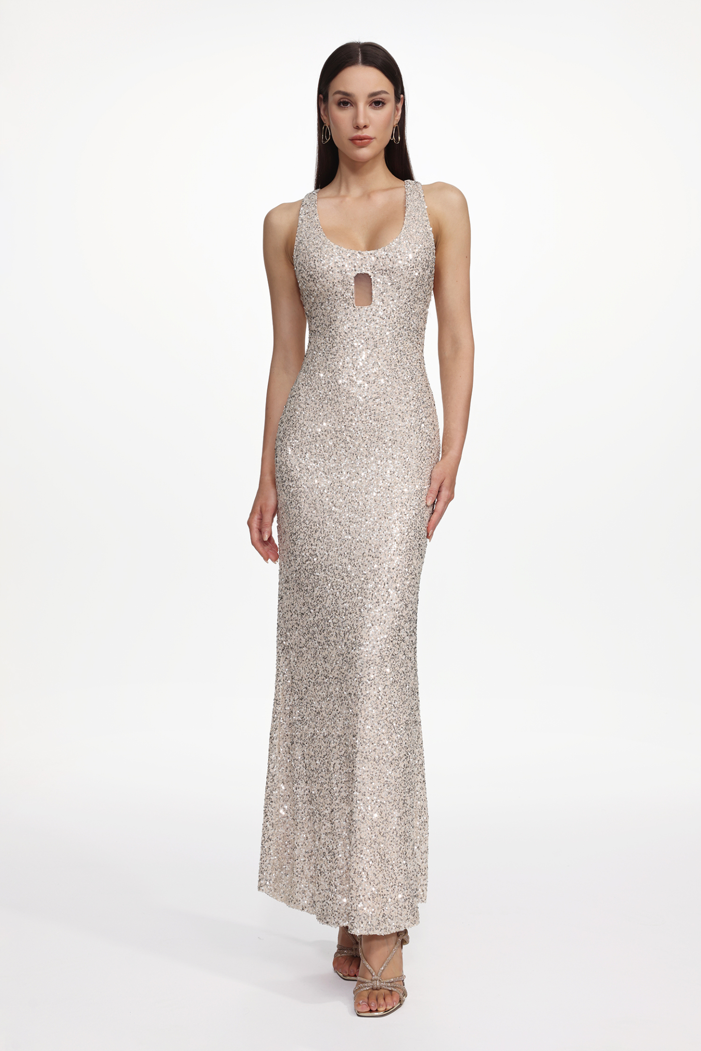 Kavaza Elegant Contour Sleeveless Cut Out Sequin Maxi Dress