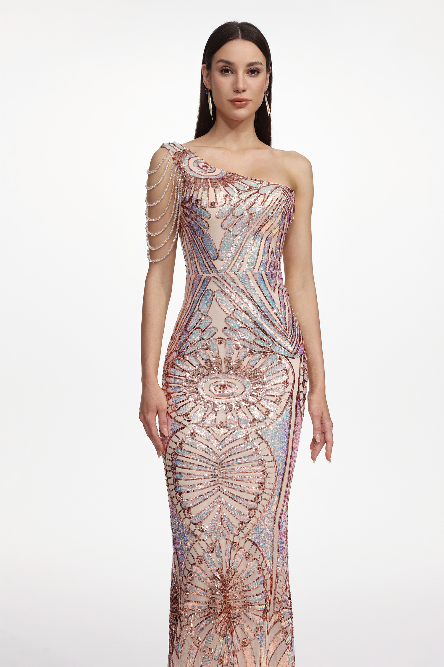 Mailik Elegant Contour One Shoulder Bead Chain Sequin Pattern Maxi Dress