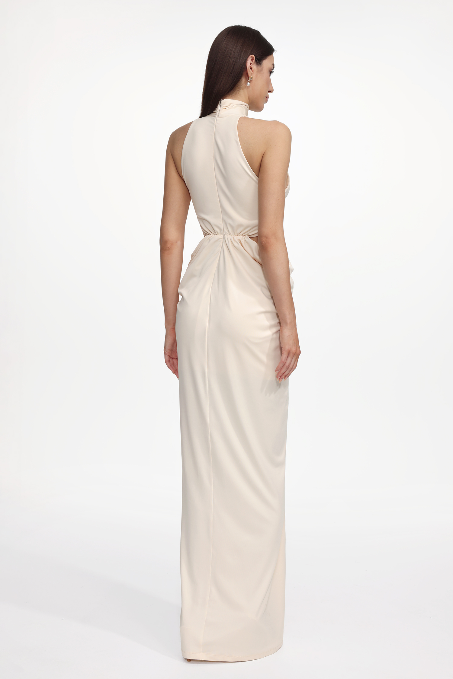 Piaka Elegant Contour Sleeveless Cut Out Ruched Knit Maxi Dress