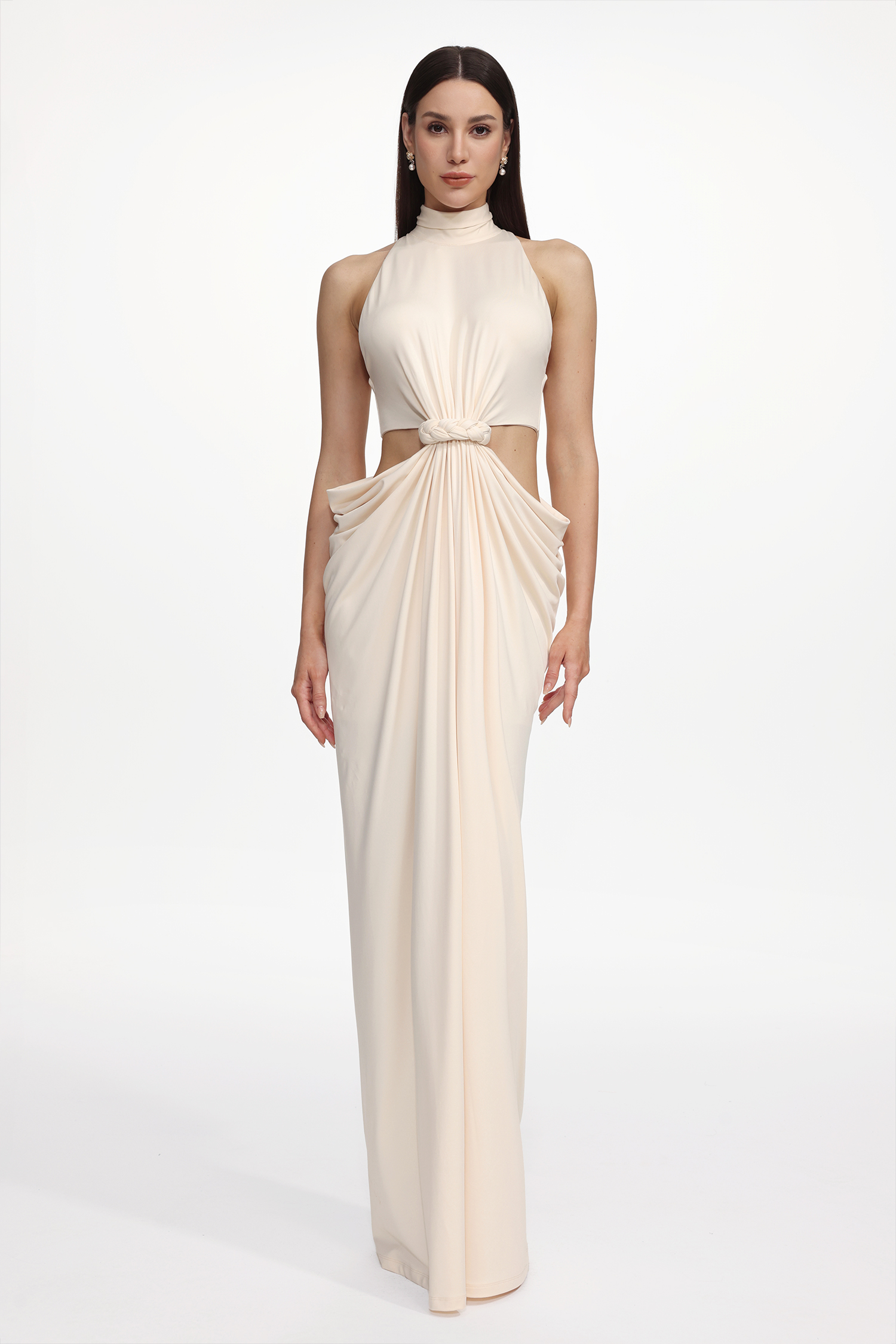 Piaka Elegant Contour Sleeveless Cut Out Ruched Knit Maxi Dress