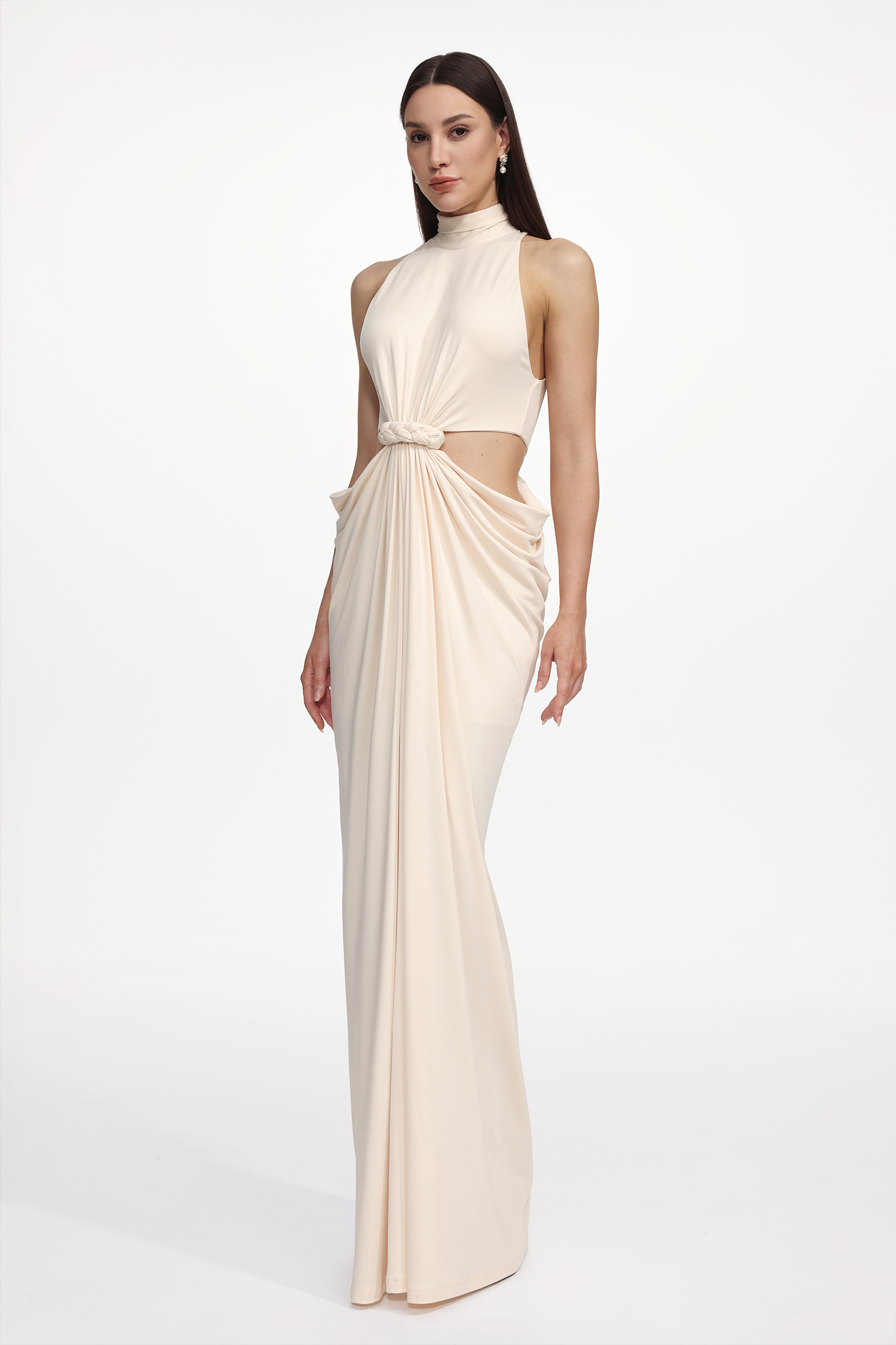 Piaka Elegant Contour Sleeveless Cut Out Ruched Knit Maxi Dress