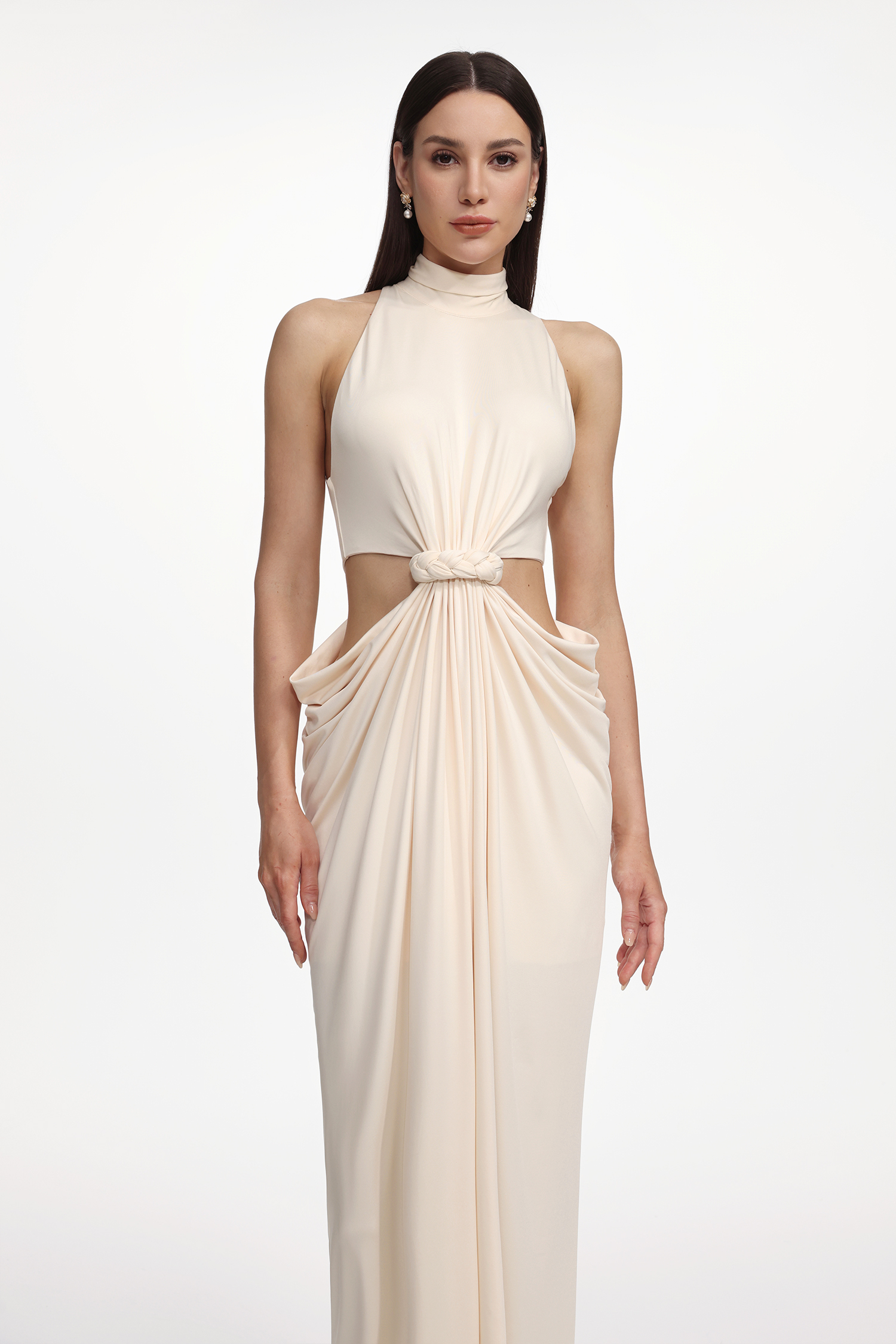 Piaka Elegant Contour Sleeveless Cut Out Ruched Knit Maxi Dress