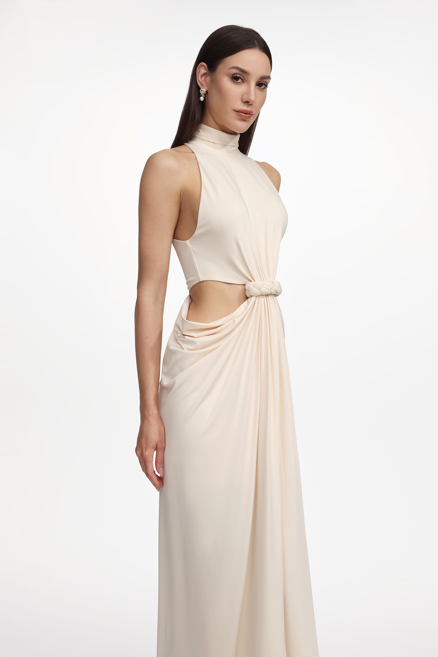Piaka Elegant Contour Sleeveless Cut Out Ruched Knit Maxi Dress