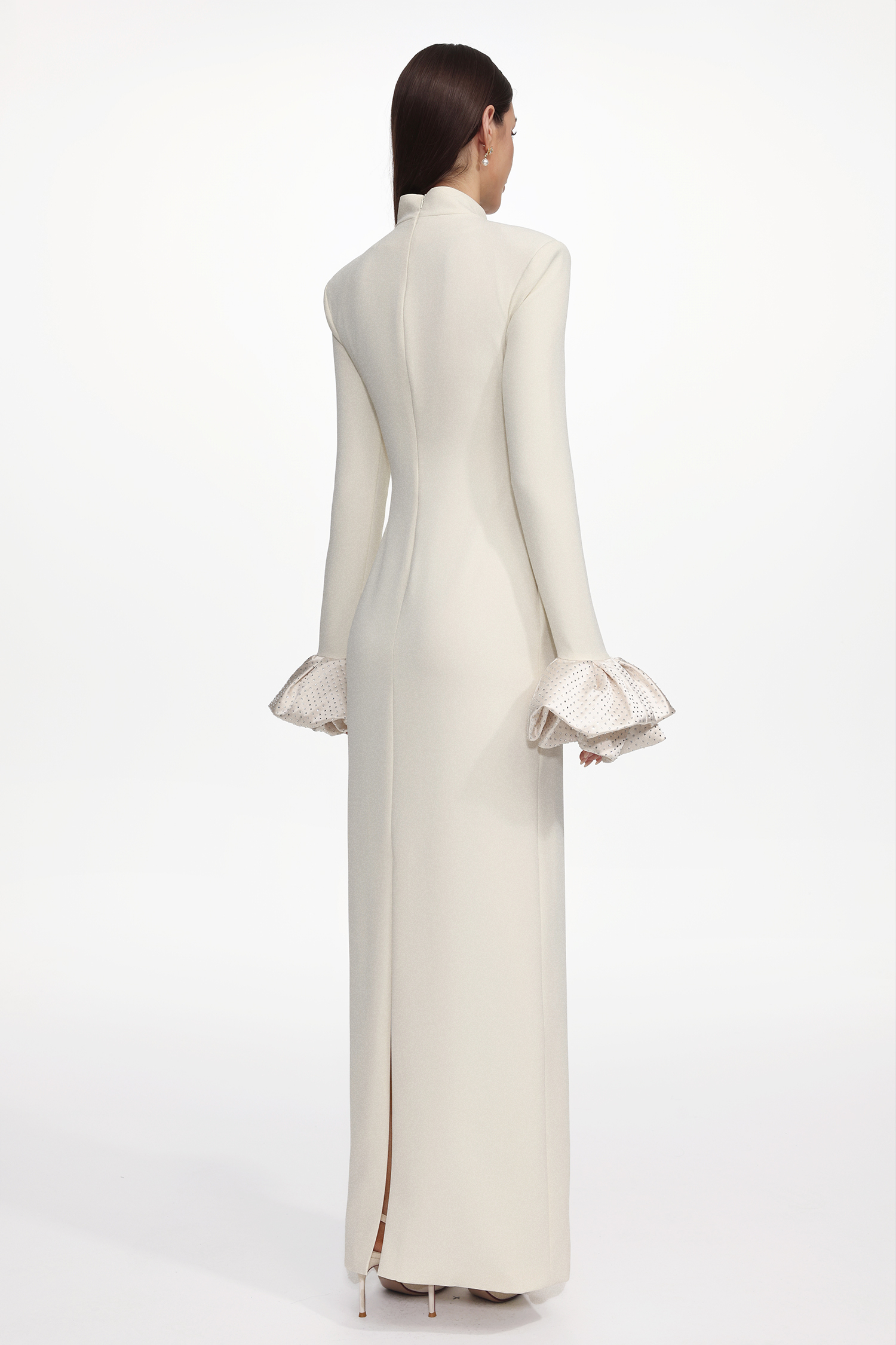 Ziriy Chic Tailored Long Sleeve Puff Detail Woven Beige Maxi Dress