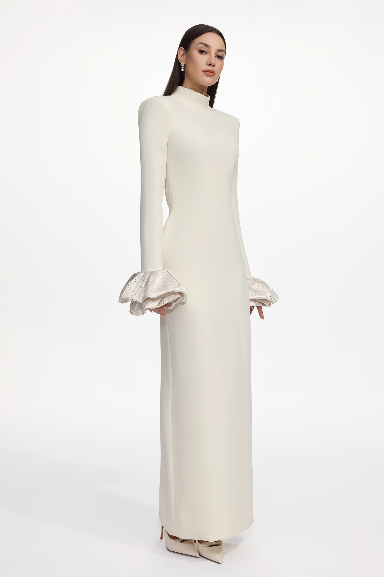 Ziriy Chic Tailored Long Sleeve Puff Detail Woven Beige Maxi Dress