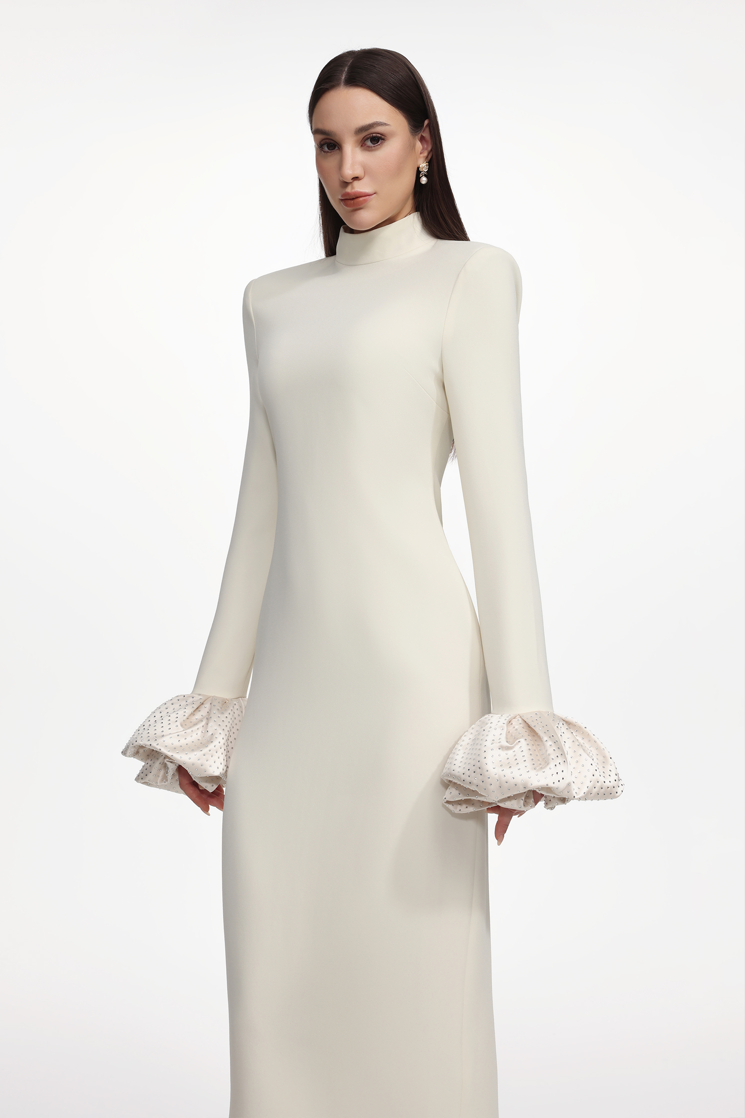 Ziriy Chic Tailored Long Sleeve Puff Detail Woven Beige Maxi Dress