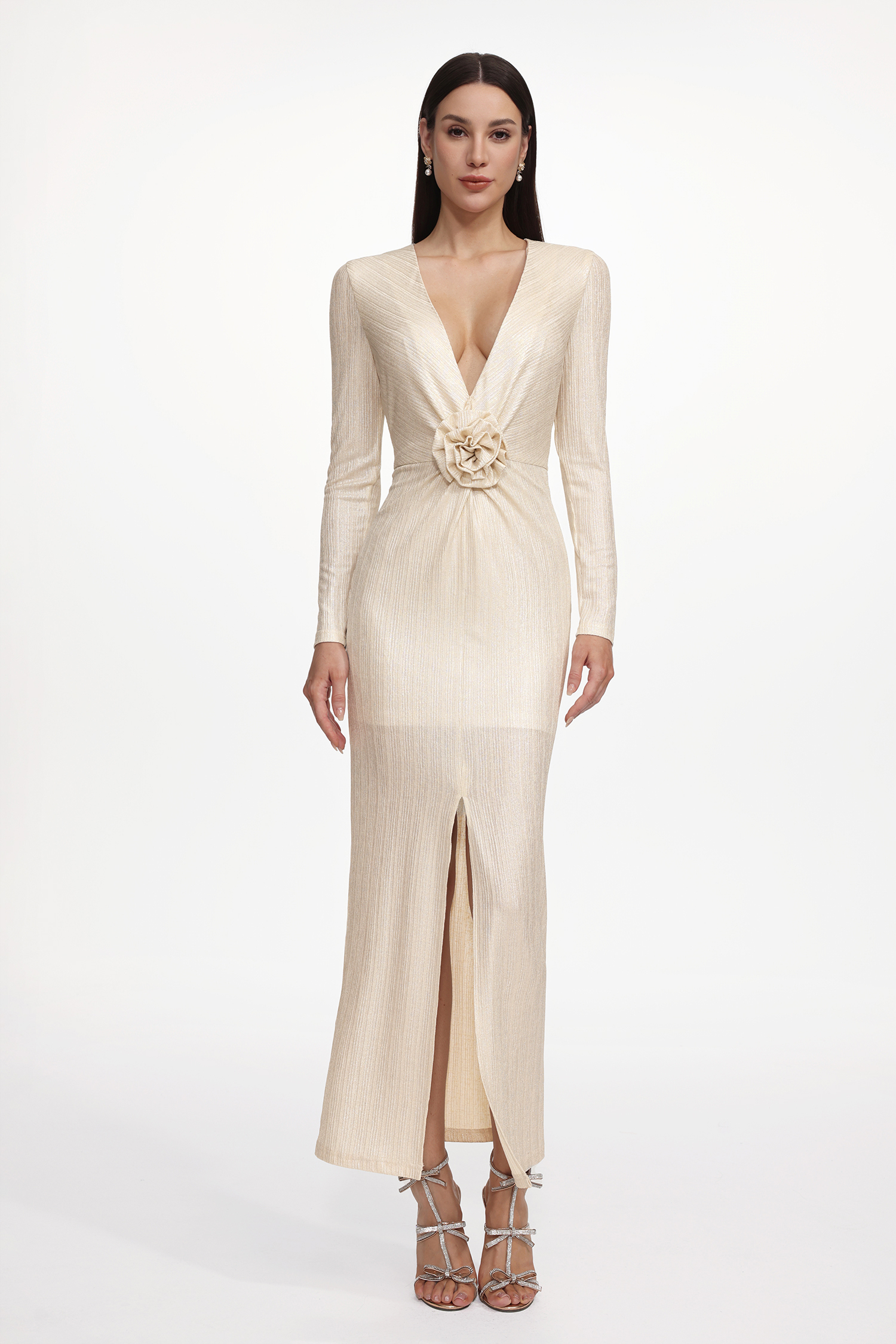 Urania Glamorous Lustrous V Neck Long Sleeve Ruched Floral Maxi Dress