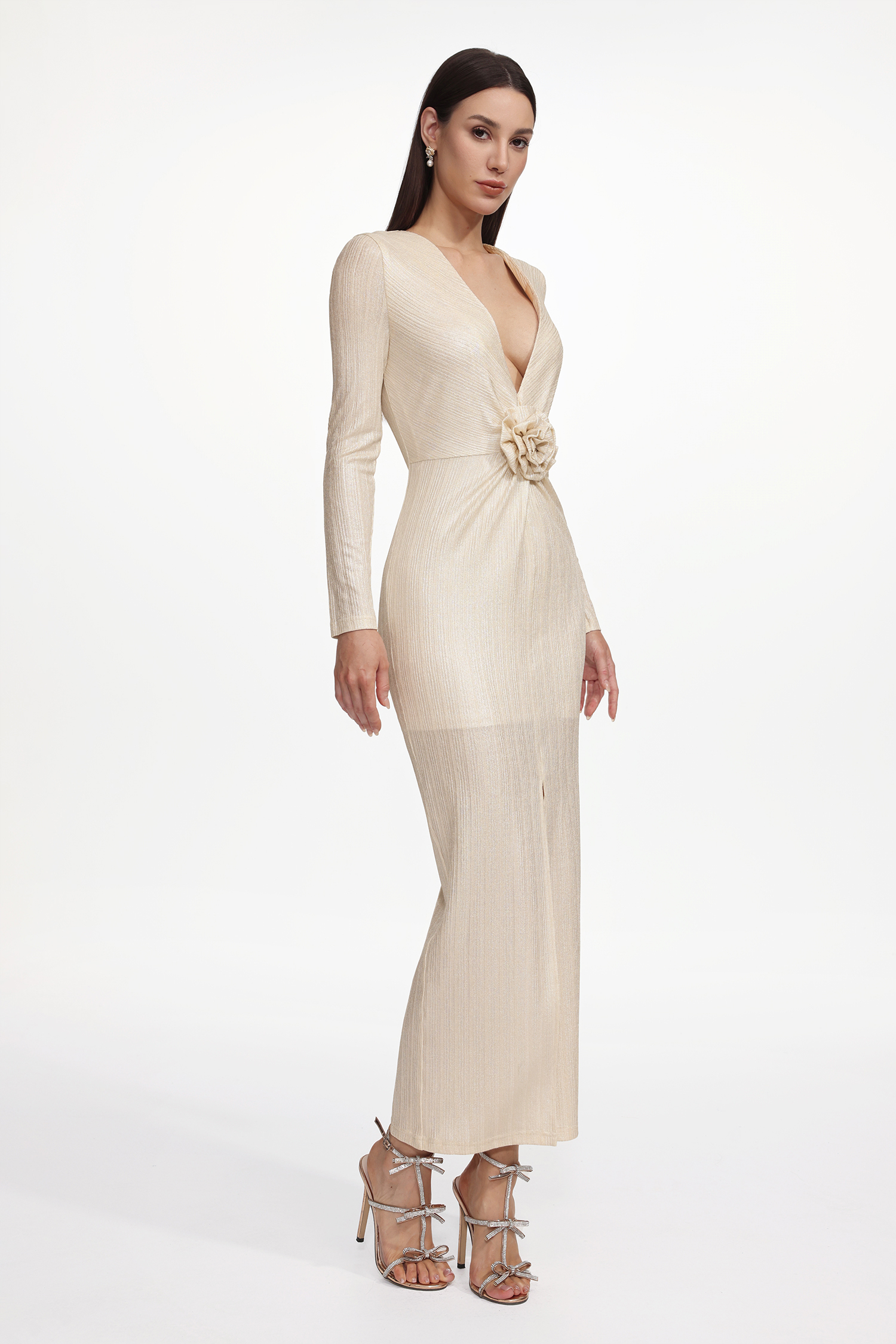 Urania Glamorous Lustrous V Neck Long Sleeve Ruched Floral Maxi Dress