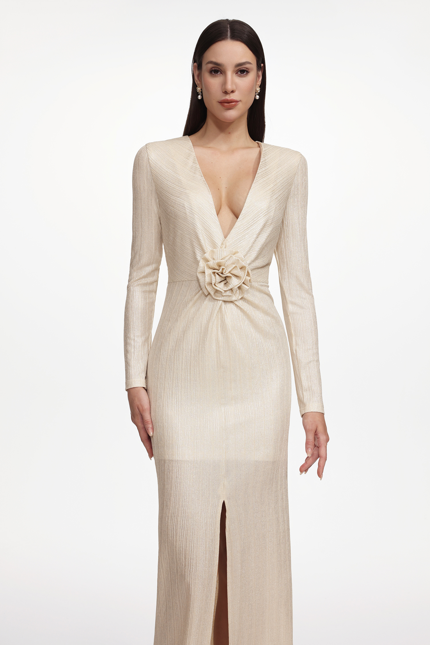 Urania Glamorous Lustrous V Neck Long Sleeve Ruched Floral Maxi Dress