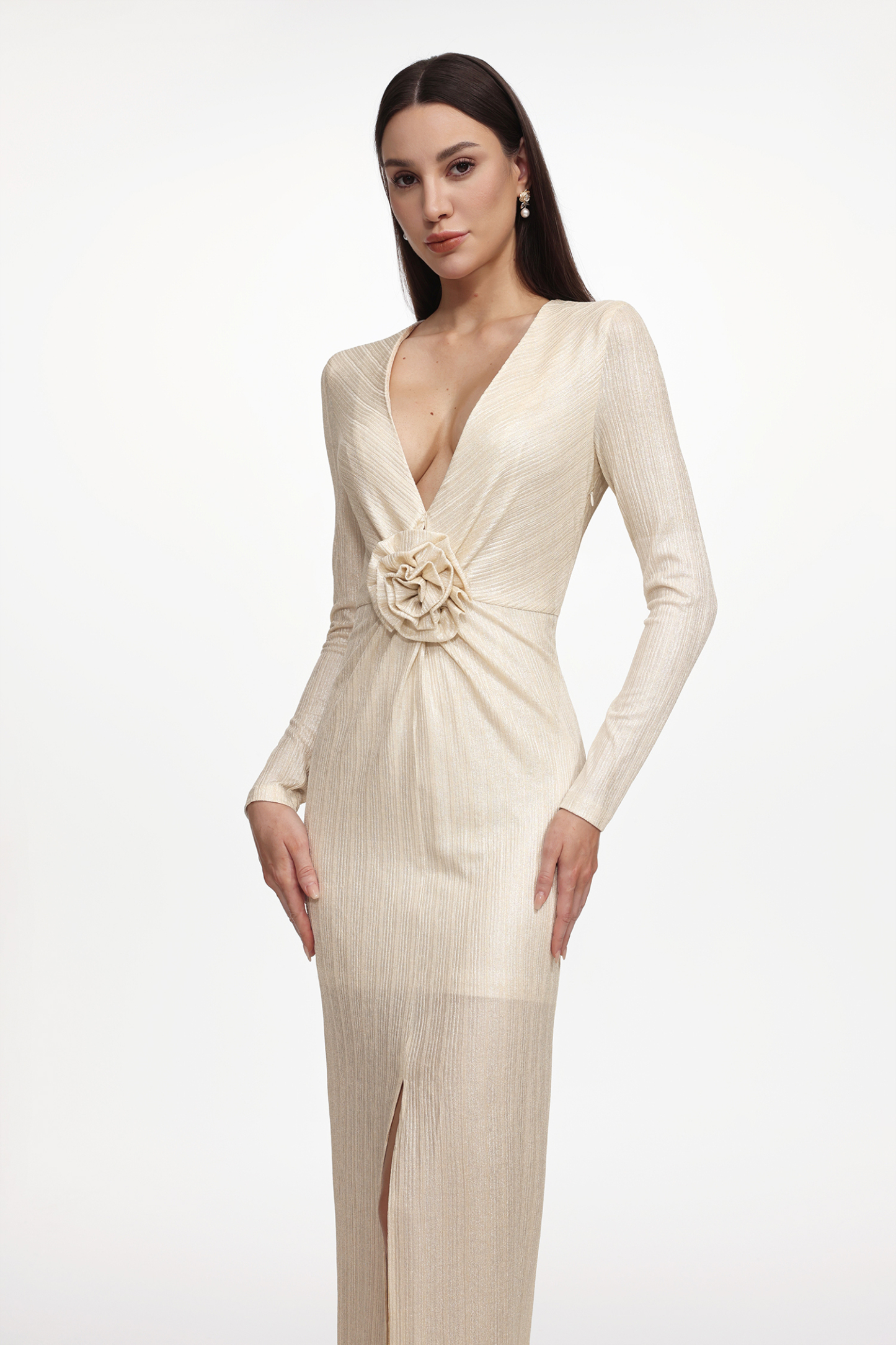 Urania Glamorous Lustrous V Neck Long Sleeve Ruched Floral Maxi Dress