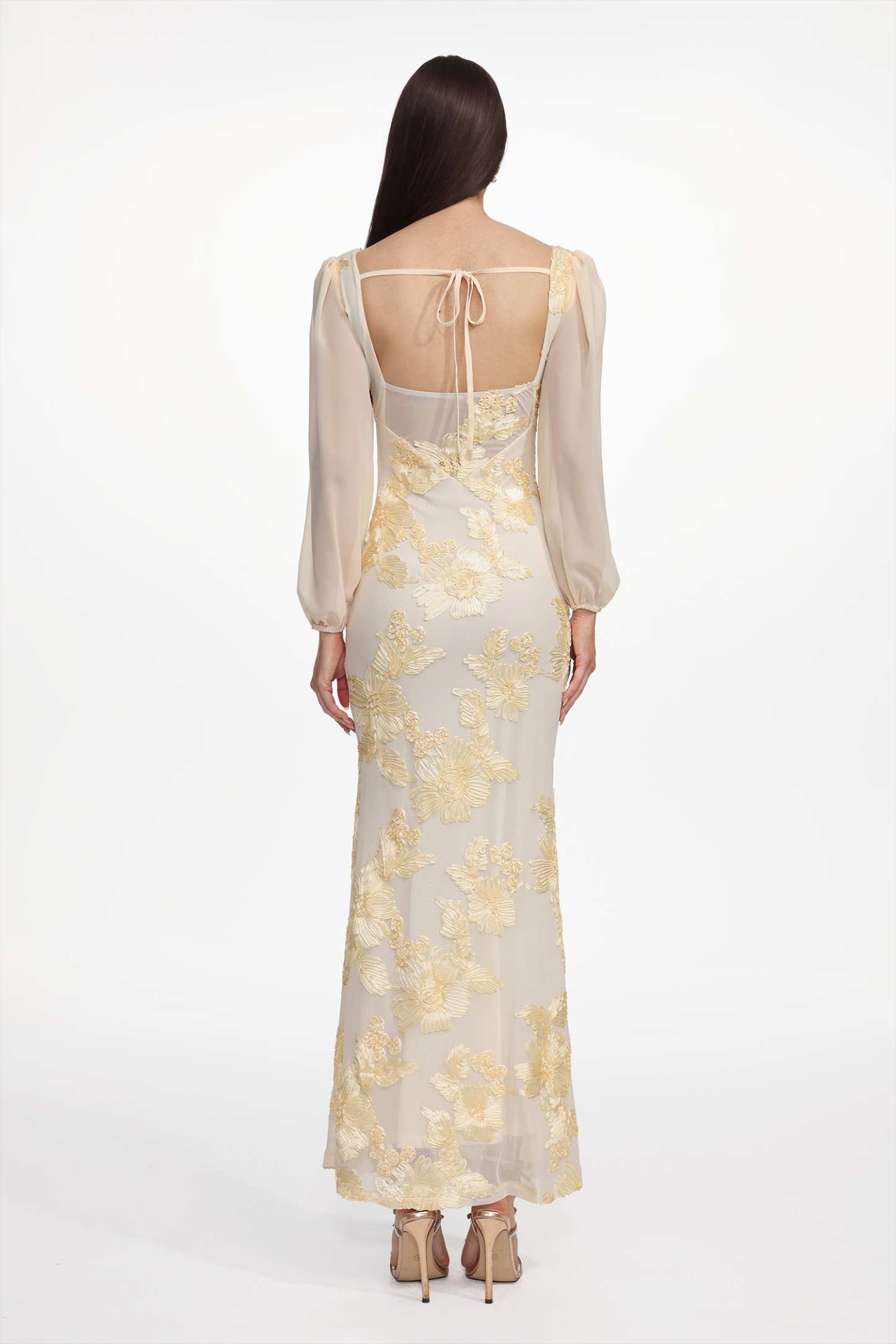 Nikki Romantic Contour Long Sleeve High Slit Floral Knit Maxi Dress