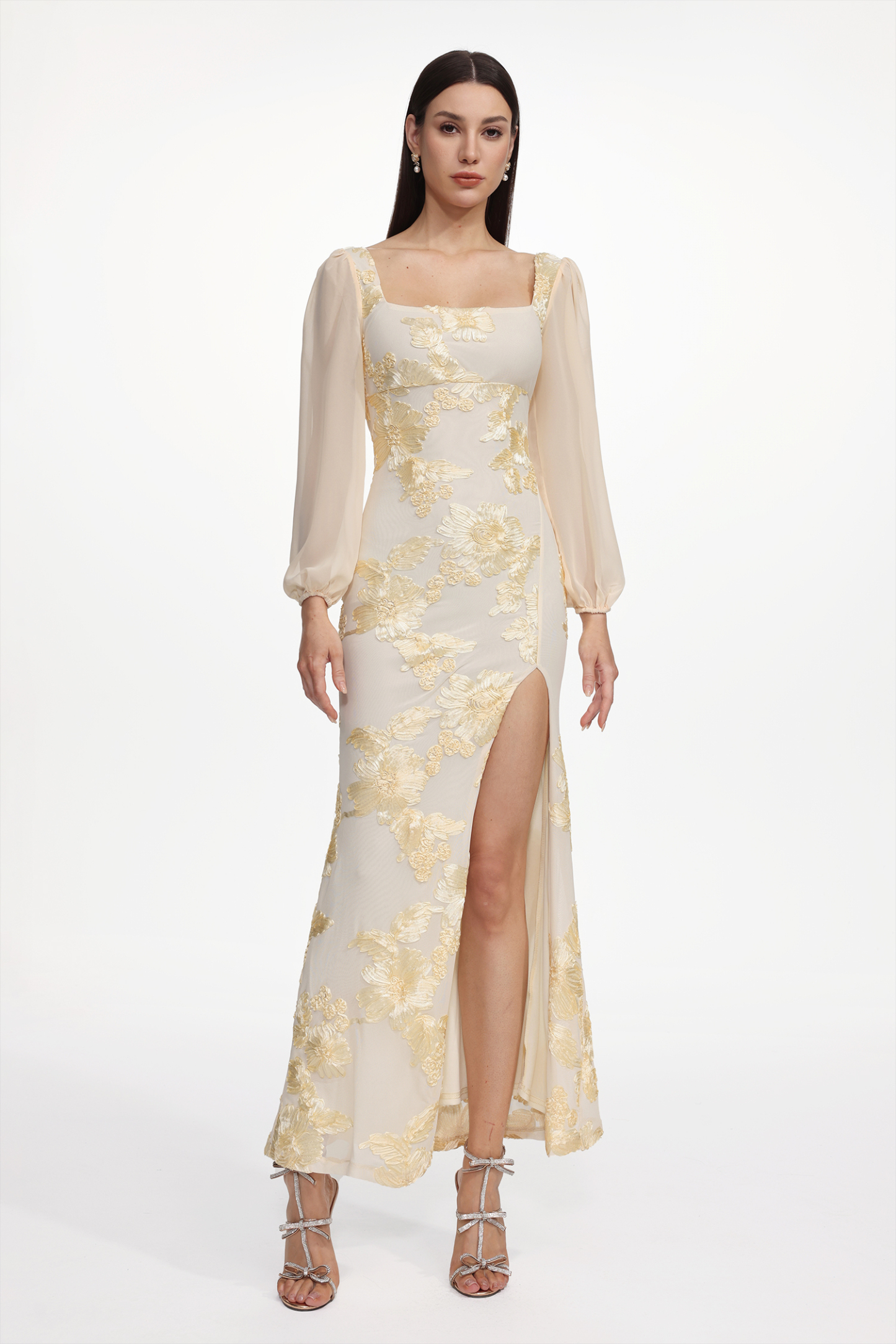 Nikki Romantic Contour Long Sleeve High Slit Floral Knit Maxi Dress