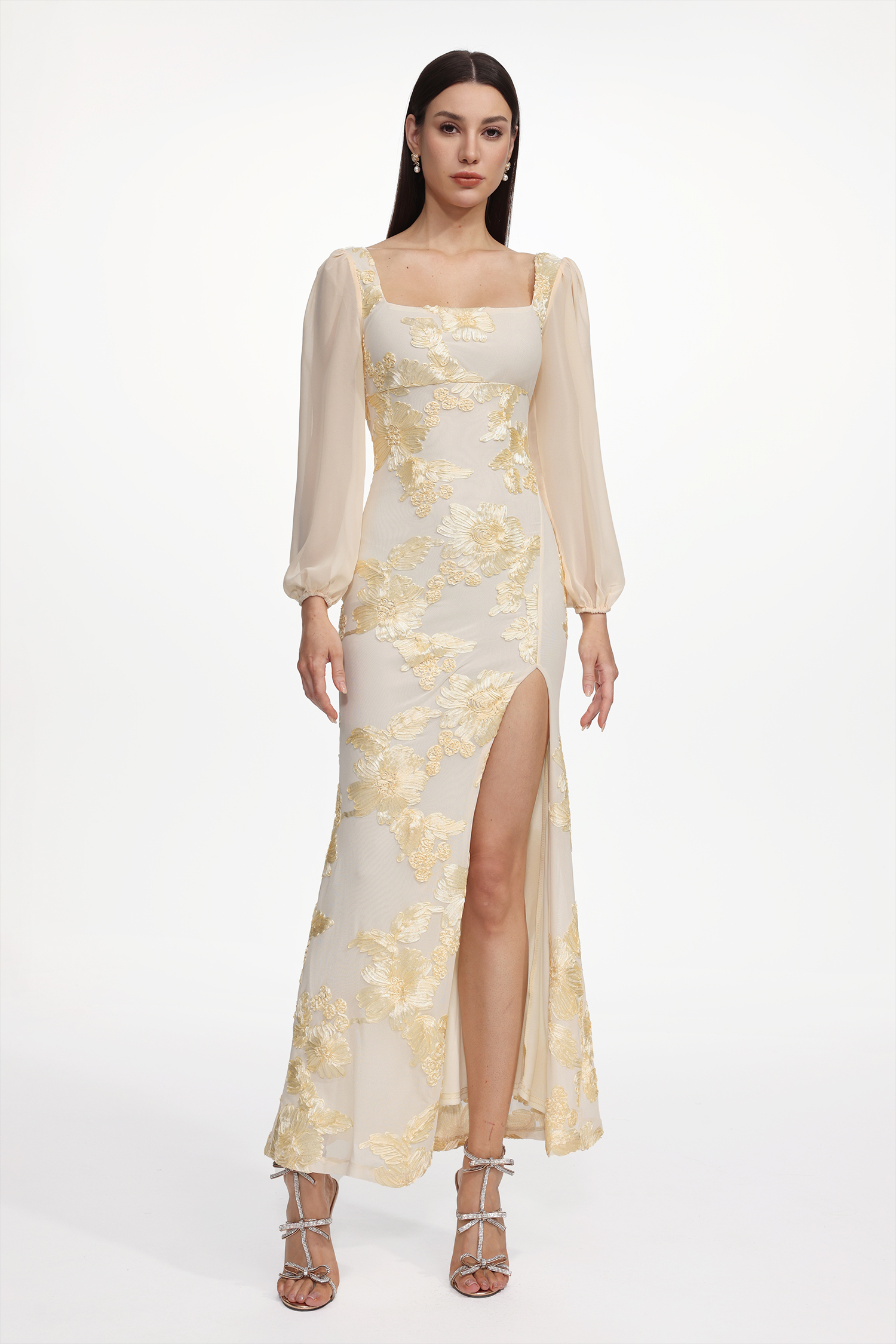 Nikki Romantic Contour Long Sleeve High Slit Floral Knit Maxi Dress