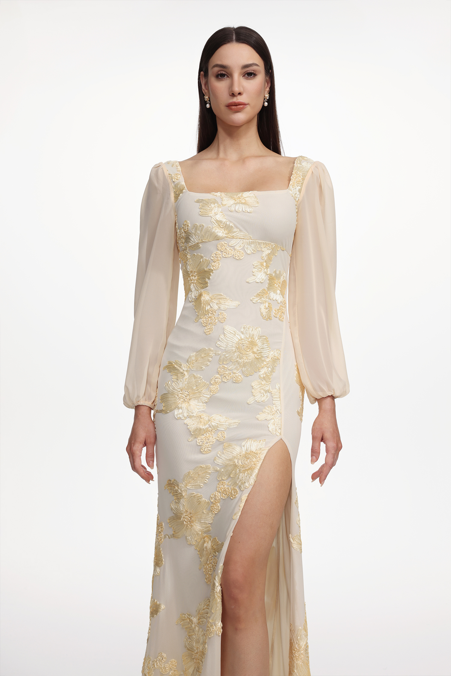 Nikki Romantic Contour Long Sleeve High Slit Floral Knit Maxi Dress