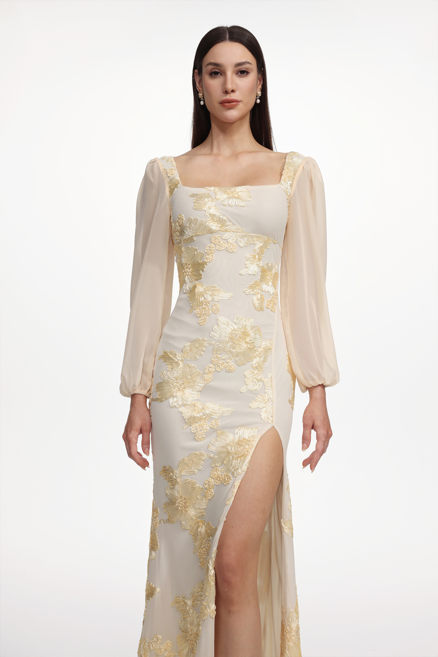 Nikki Romantic Contour Long Sleeve High Slit Floral Knit Maxi Dress