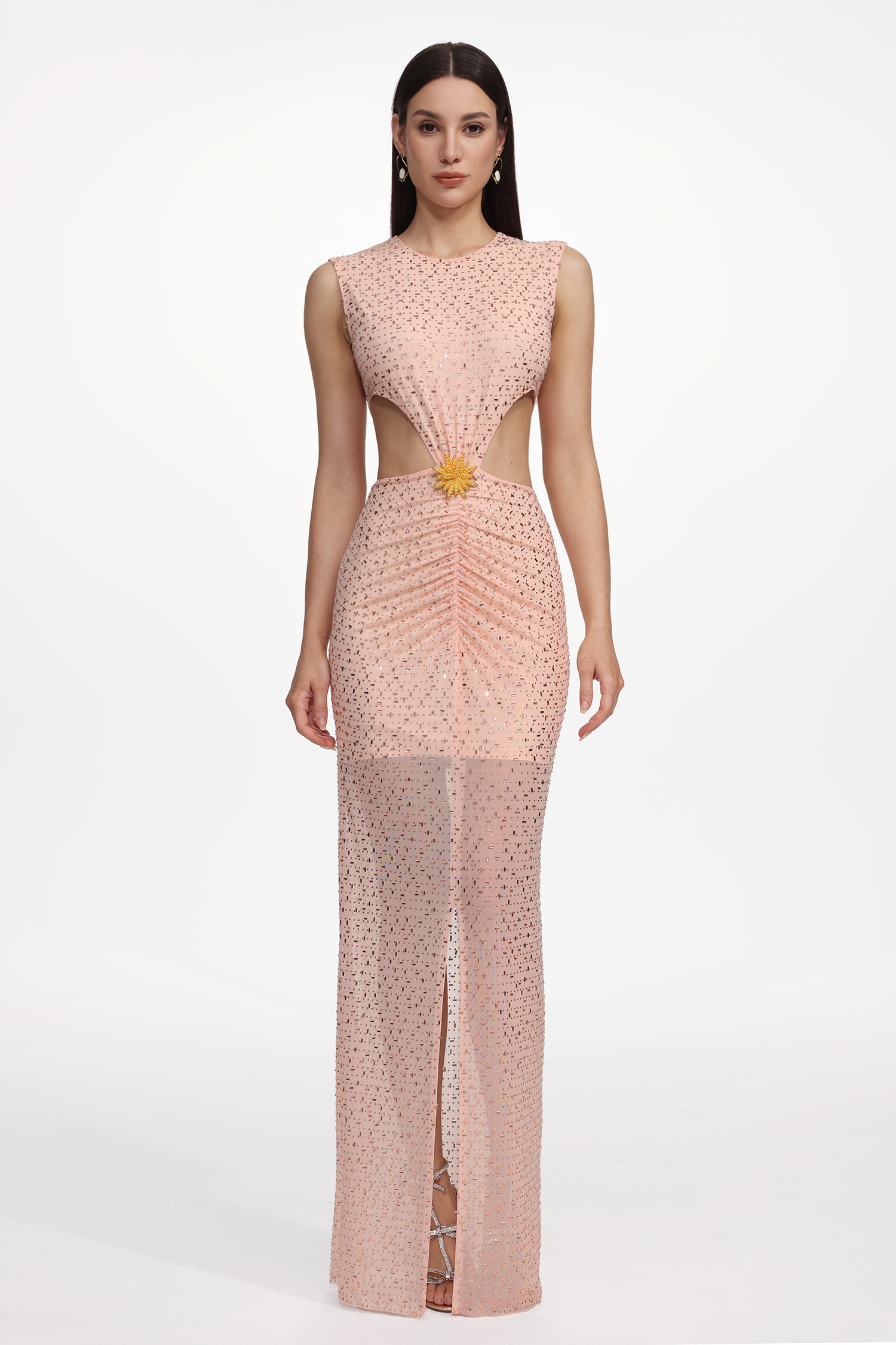 Matne Glamorous Contour Sleeveless Cut Out Ruched Floral Crystal Maxi Dress