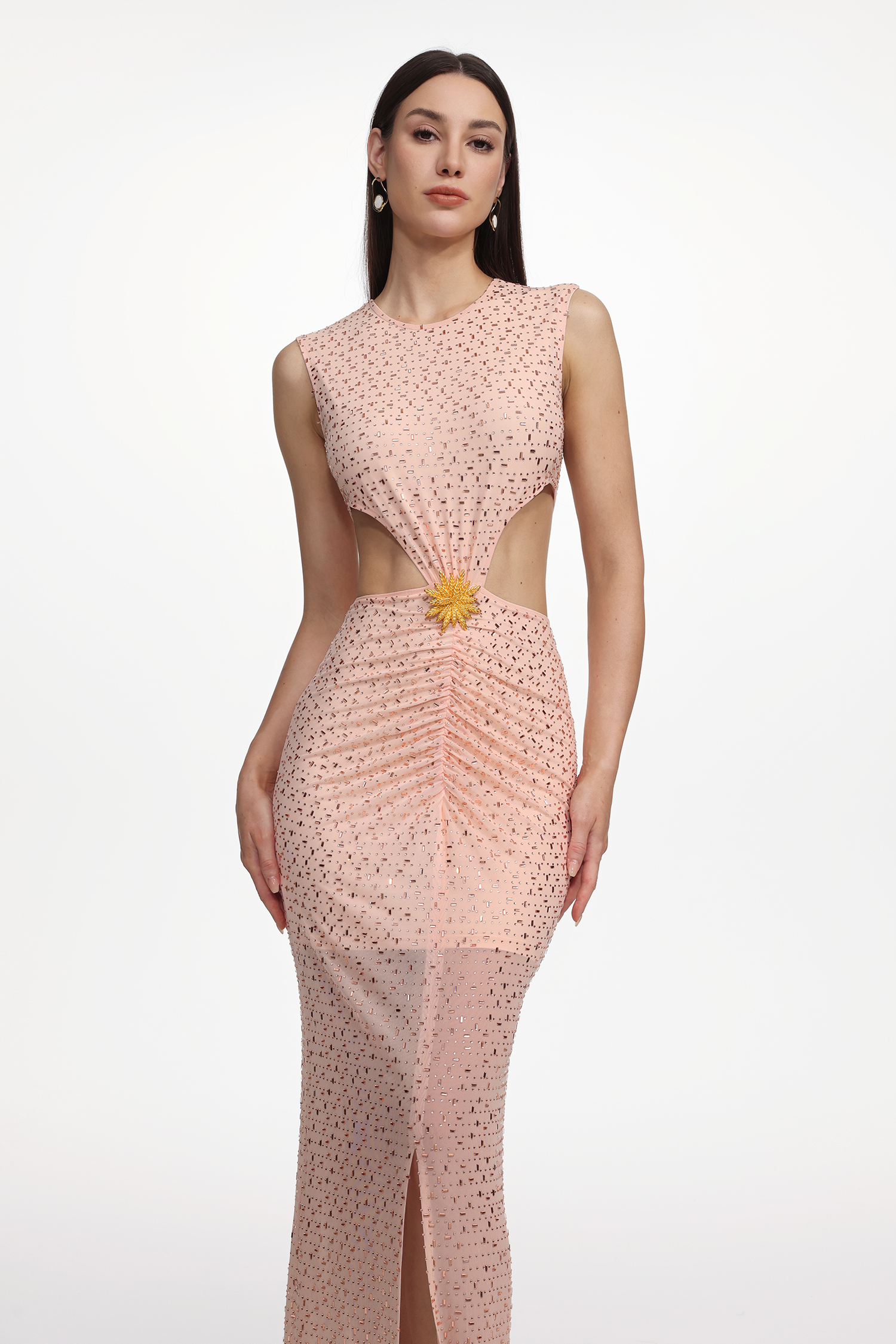 Matne Glamorous Contour Sleeveless Cut Out Ruched Floral Crystal Maxi Dress