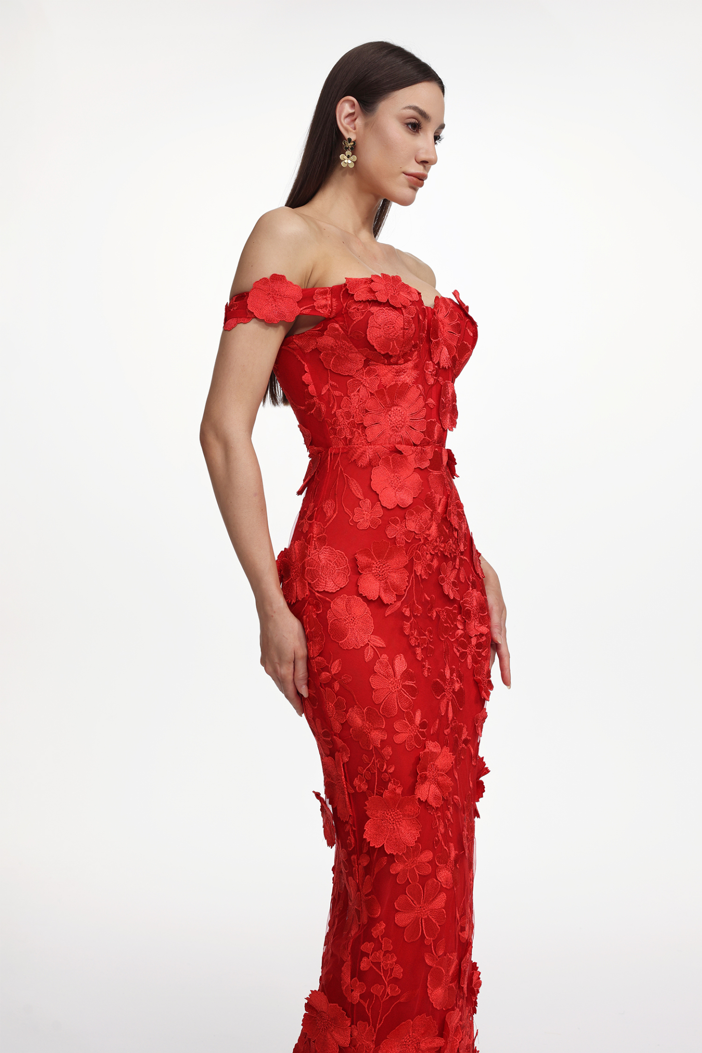 Romantic Tailored Off Shoulder Floral Embroidered Maxi Dress