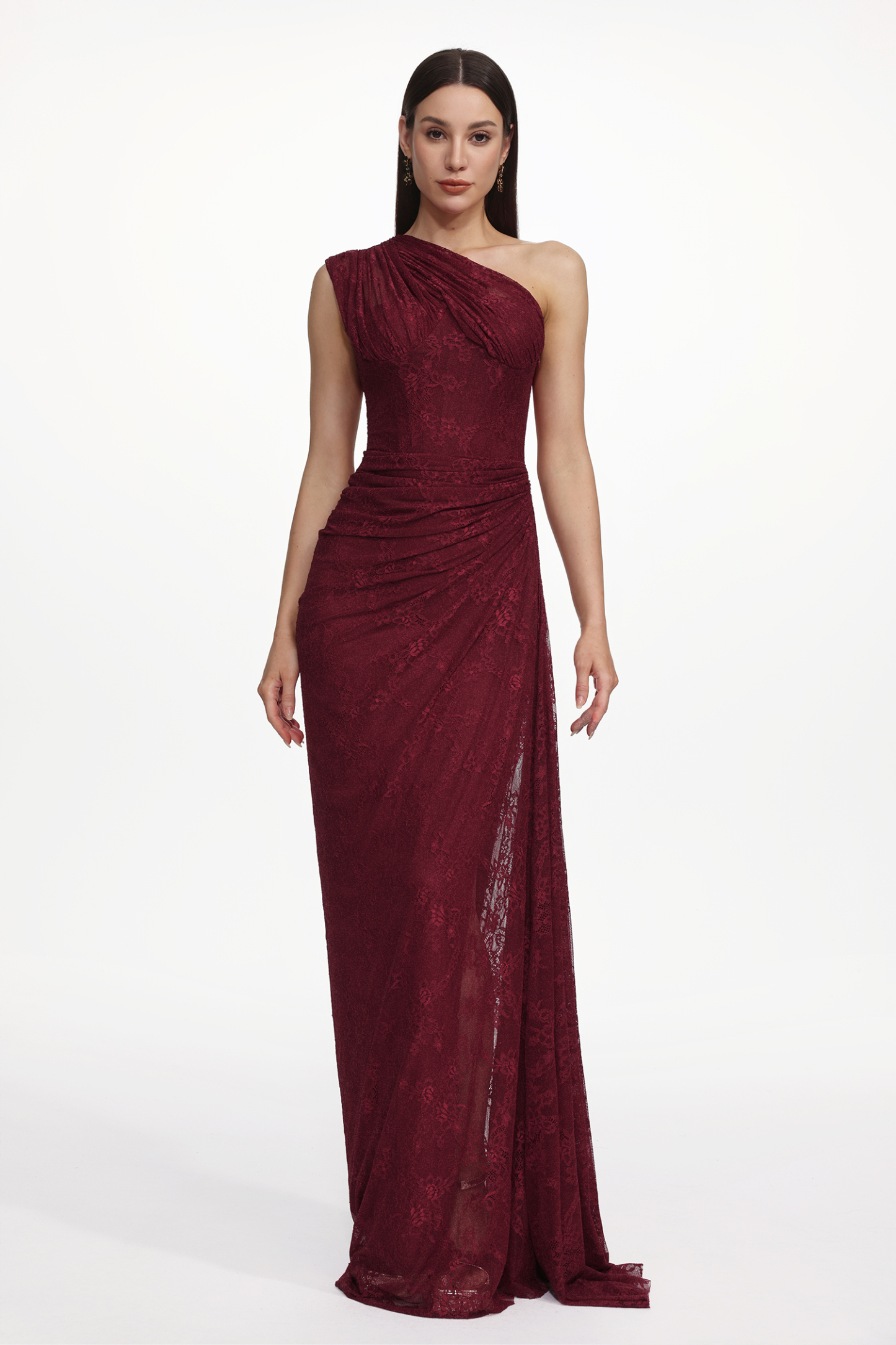 Finch Romantic Contour Sleeveless Ruched Lace Knit Maxi Dress