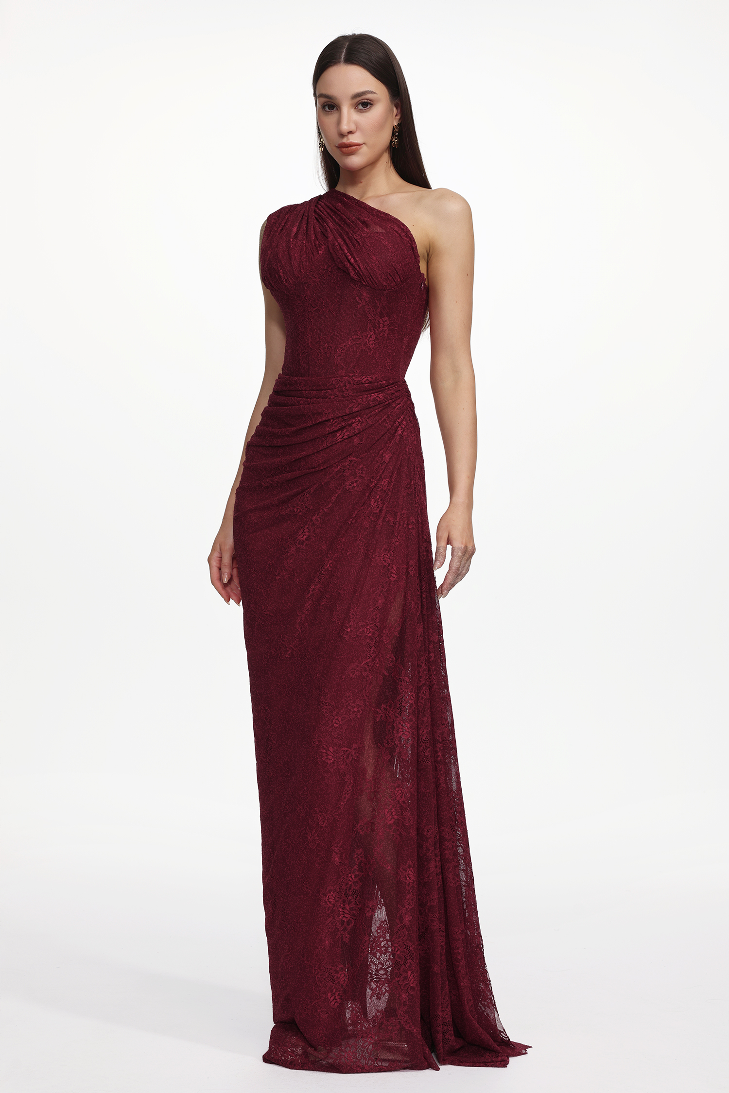 Finch Romantic Contour Sleeveless Ruched Lace Knit Maxi Dress