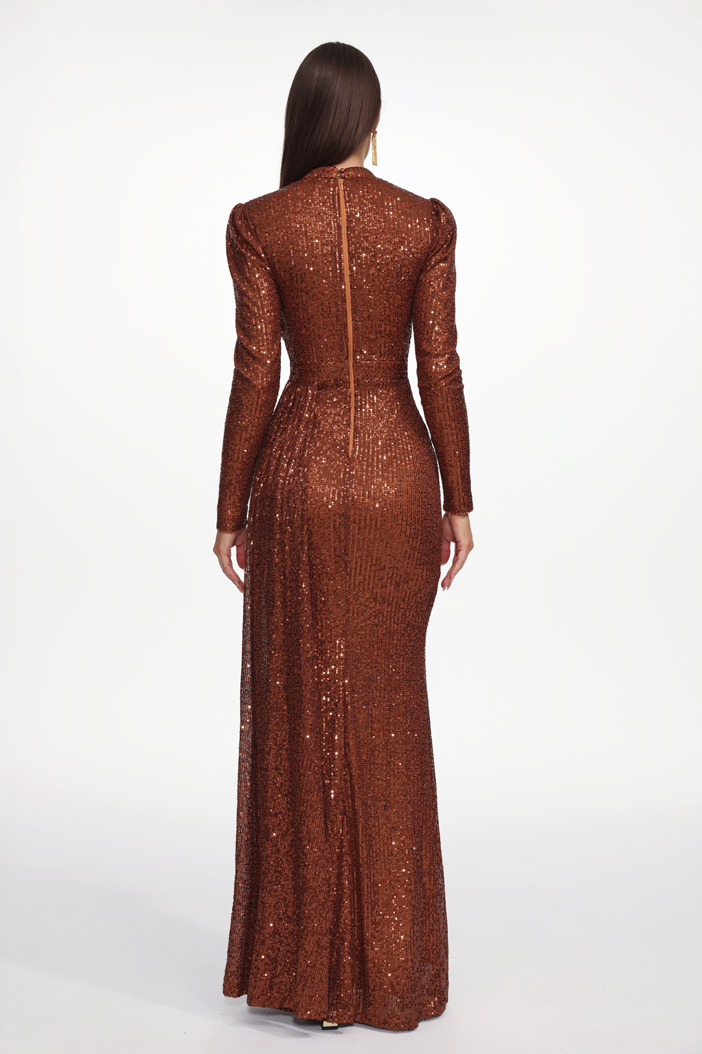 Majrela Glamorous Contour Long Sleeve Ruched Sequin Maxi Dress