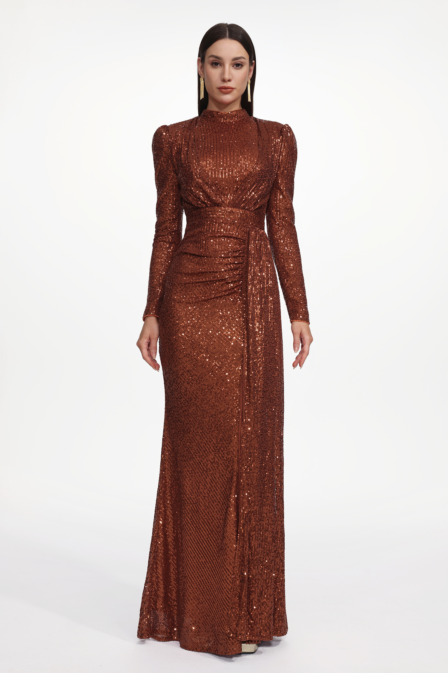 Majrela Glamorous Contour Long Sleeve Ruched Sequin Maxi Dress