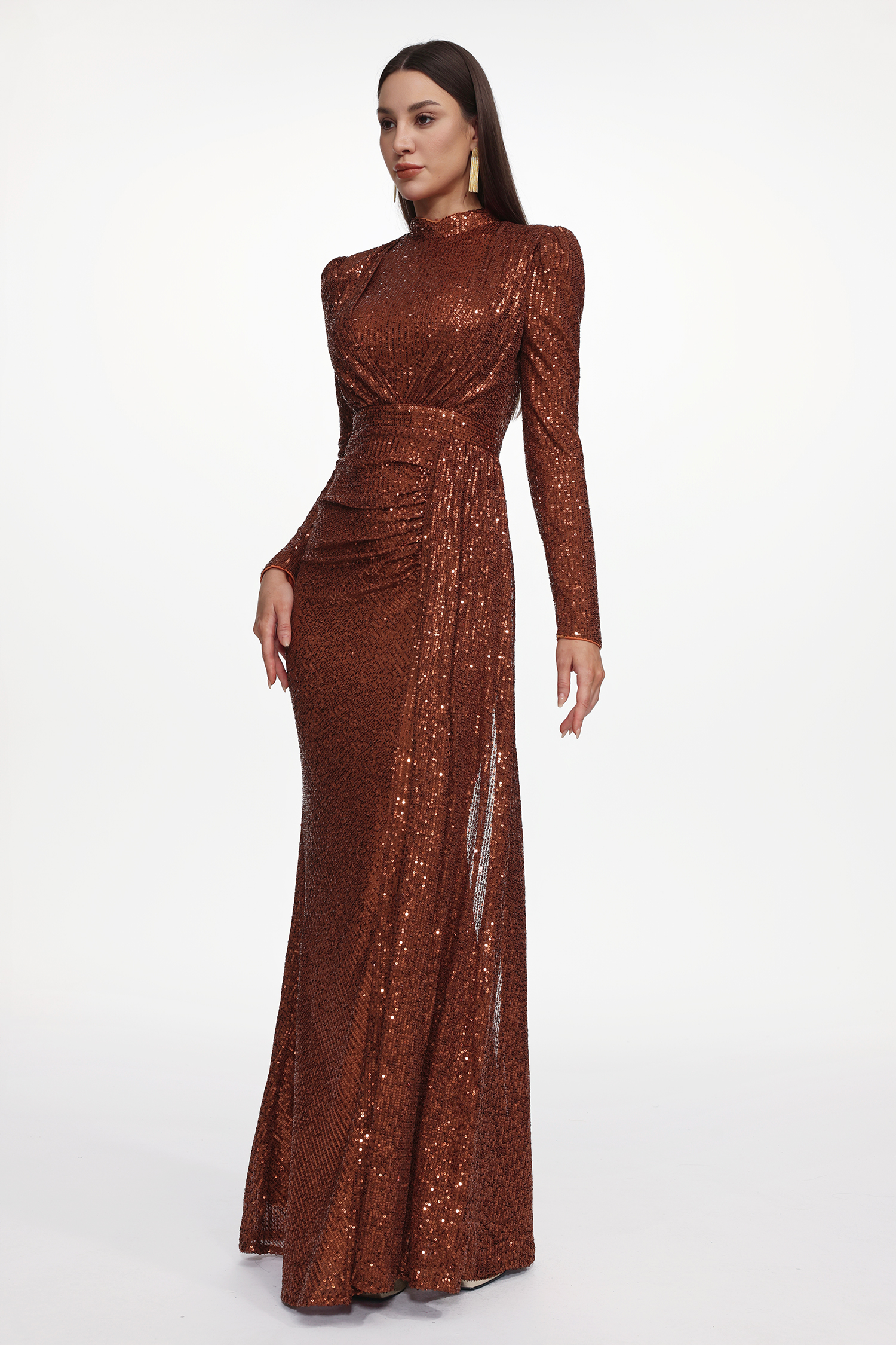 Majrela Glamorous Contour Long Sleeve Ruched Sequin Maxi Dress