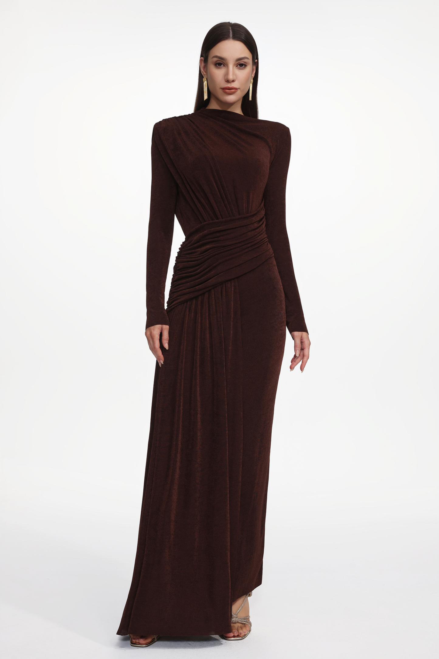 Maggie Elegant Contour Long Sleeve Ruched Knit Maxi Dress