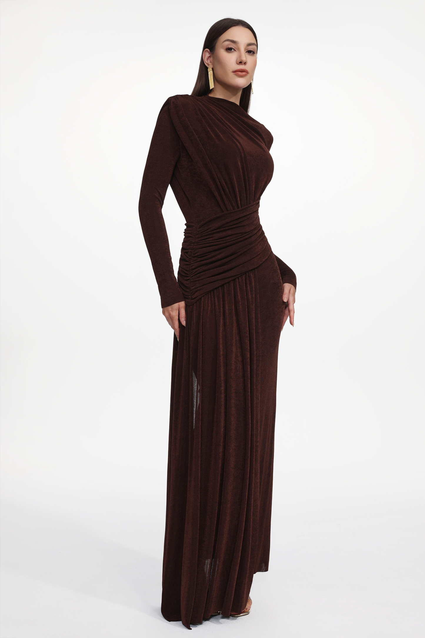 Maggie Elegant Contour Long Sleeve Ruched Knit Maxi Dress