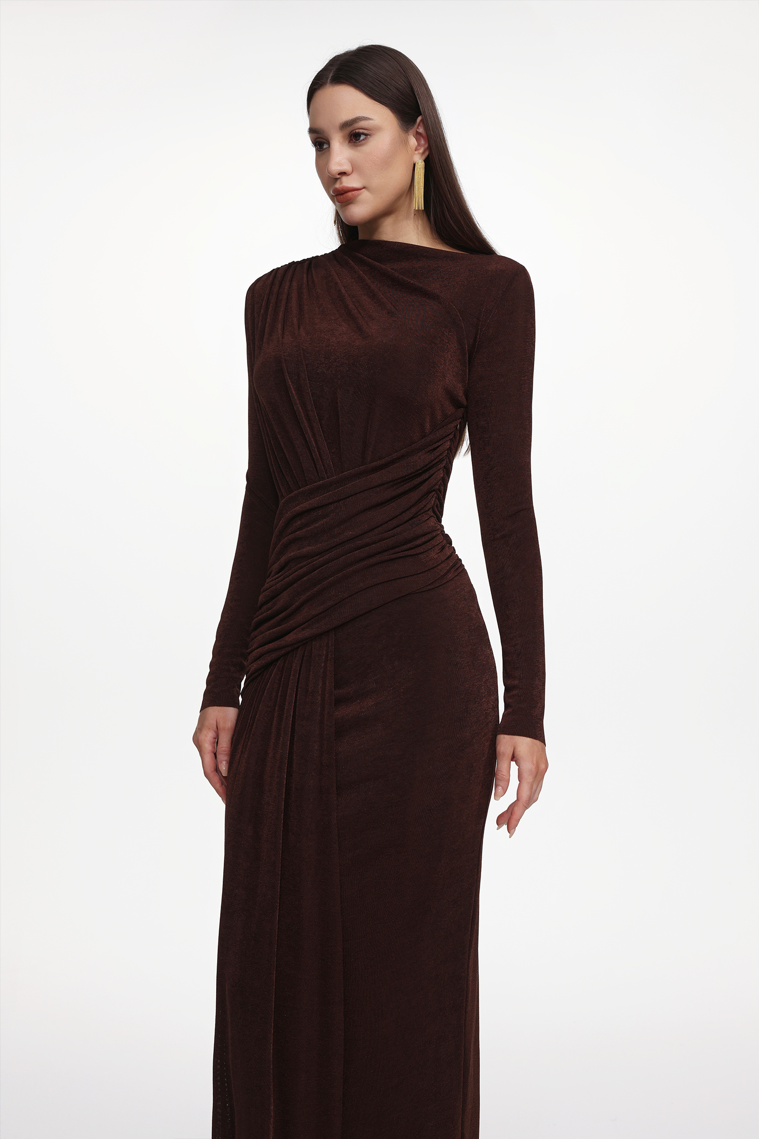 Maggie Elegant Contour Long Sleeve Ruched Knit Maxi Dress