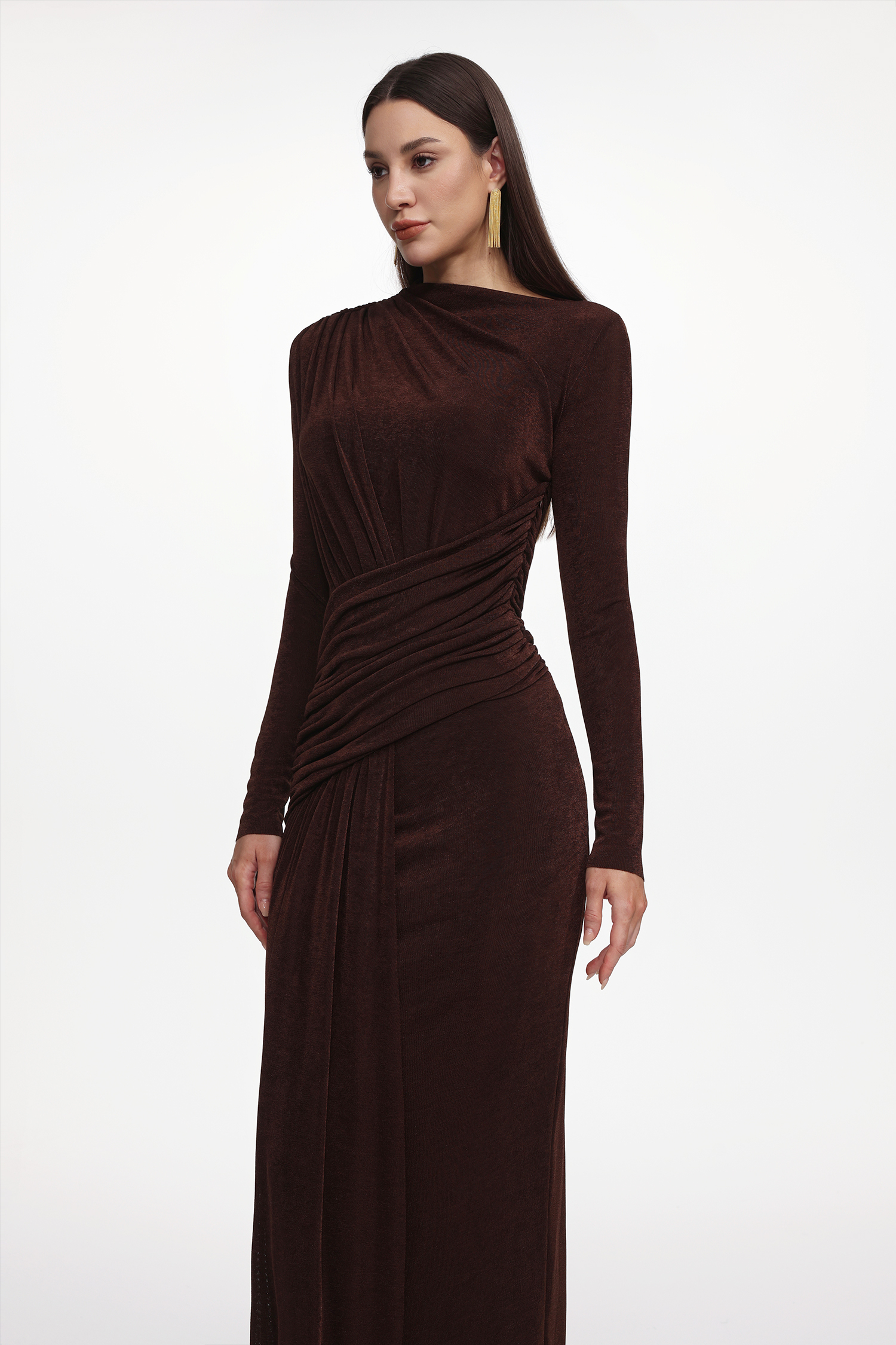 Maggie Elegant Contour Long Sleeve Ruched Knit Maxi Dress