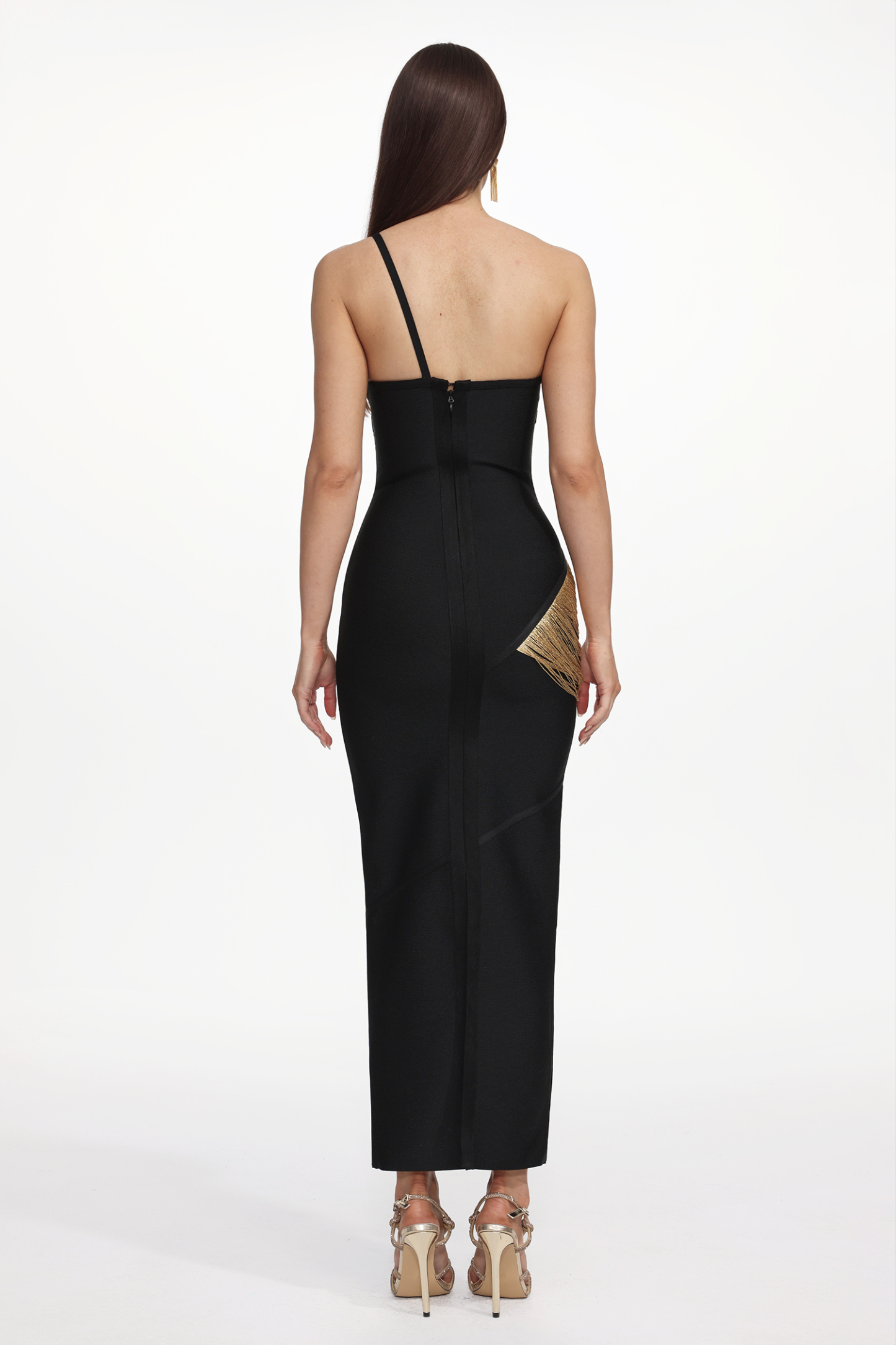 Roanna One Shoulder Sleeveless Golden Tassels Bandage Maxi Dress