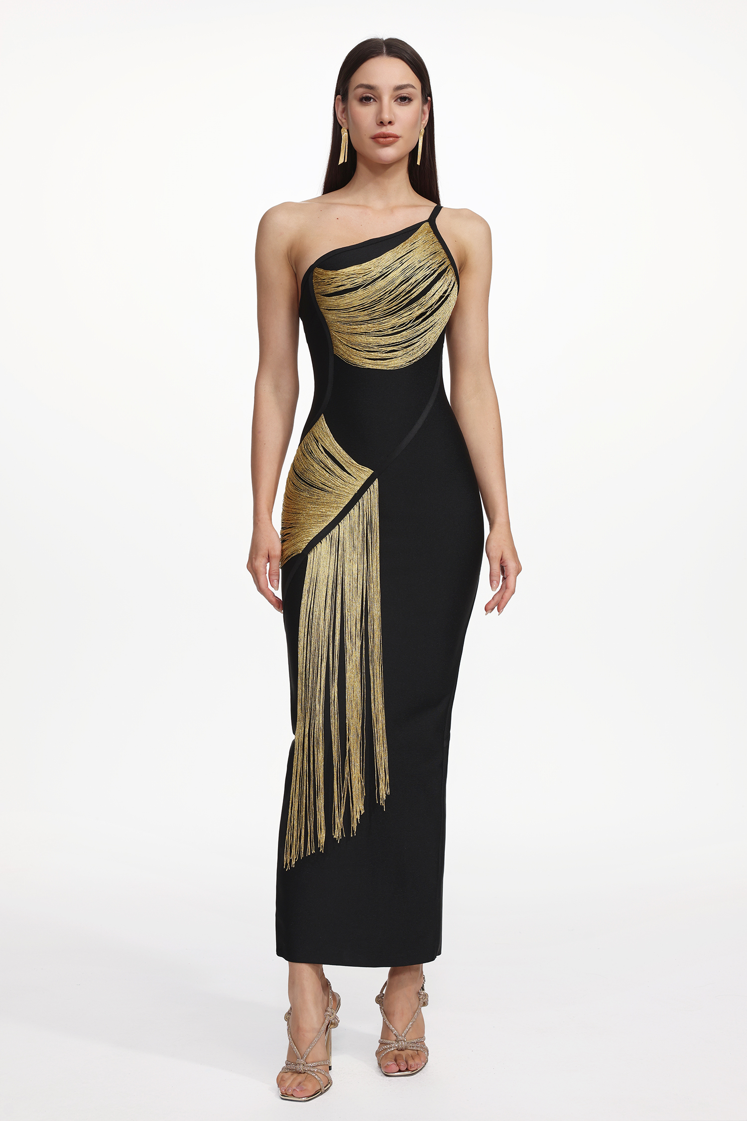 Roanna One Shoulder Sleeveless Golden Tassels Bandage Maxi Dress