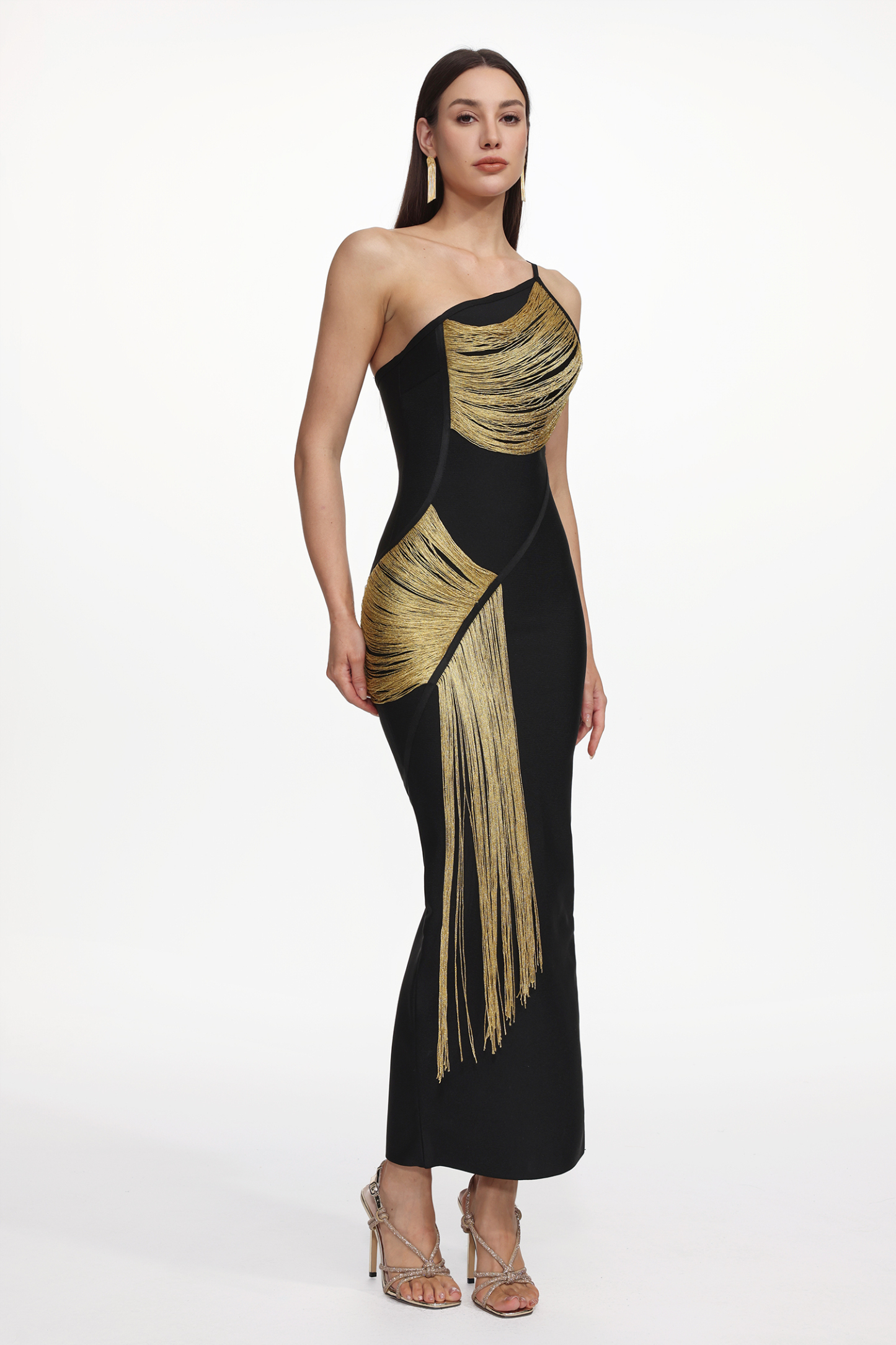 Roanna One Shoulder Sleeveless Golden Tassels Bandage Maxi Dress