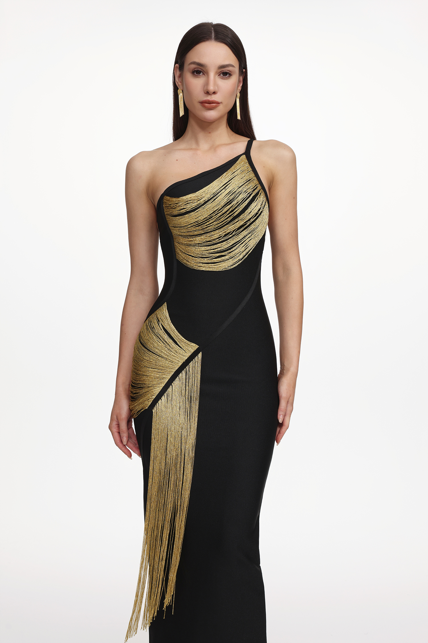 Roanna One Shoulder Sleeveless Golden Tassels Bandage Maxi Dress