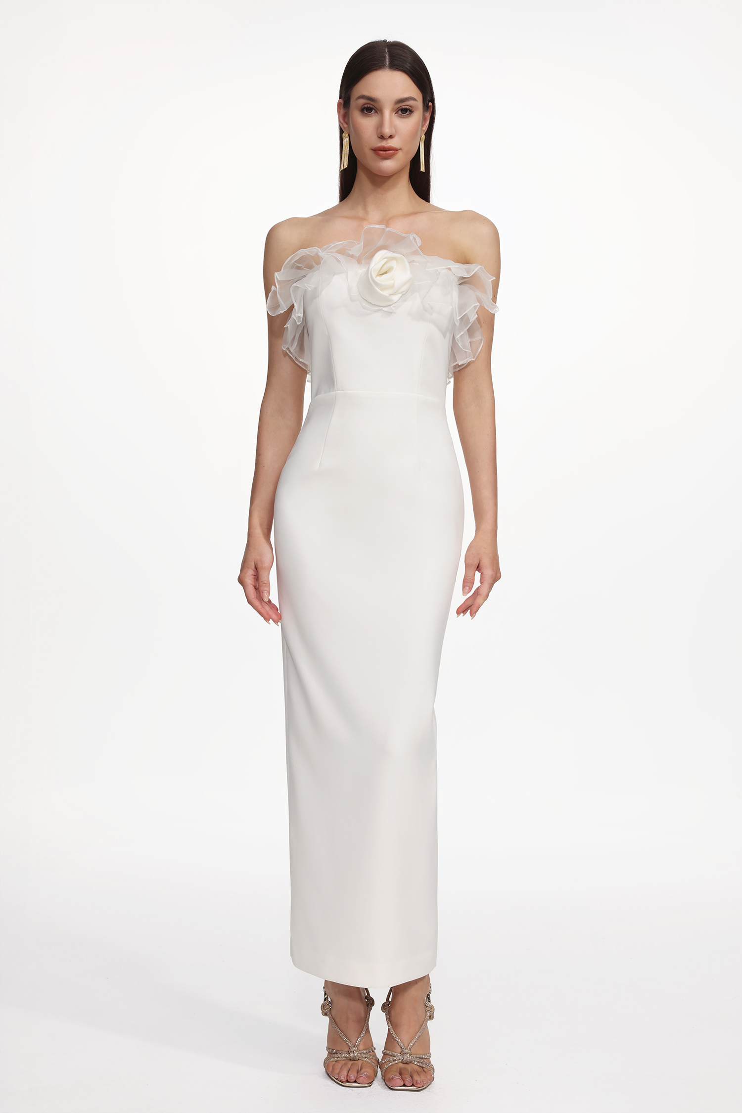 Oana Elegant Contour Strapless Ruffle Floral Maxi Dress