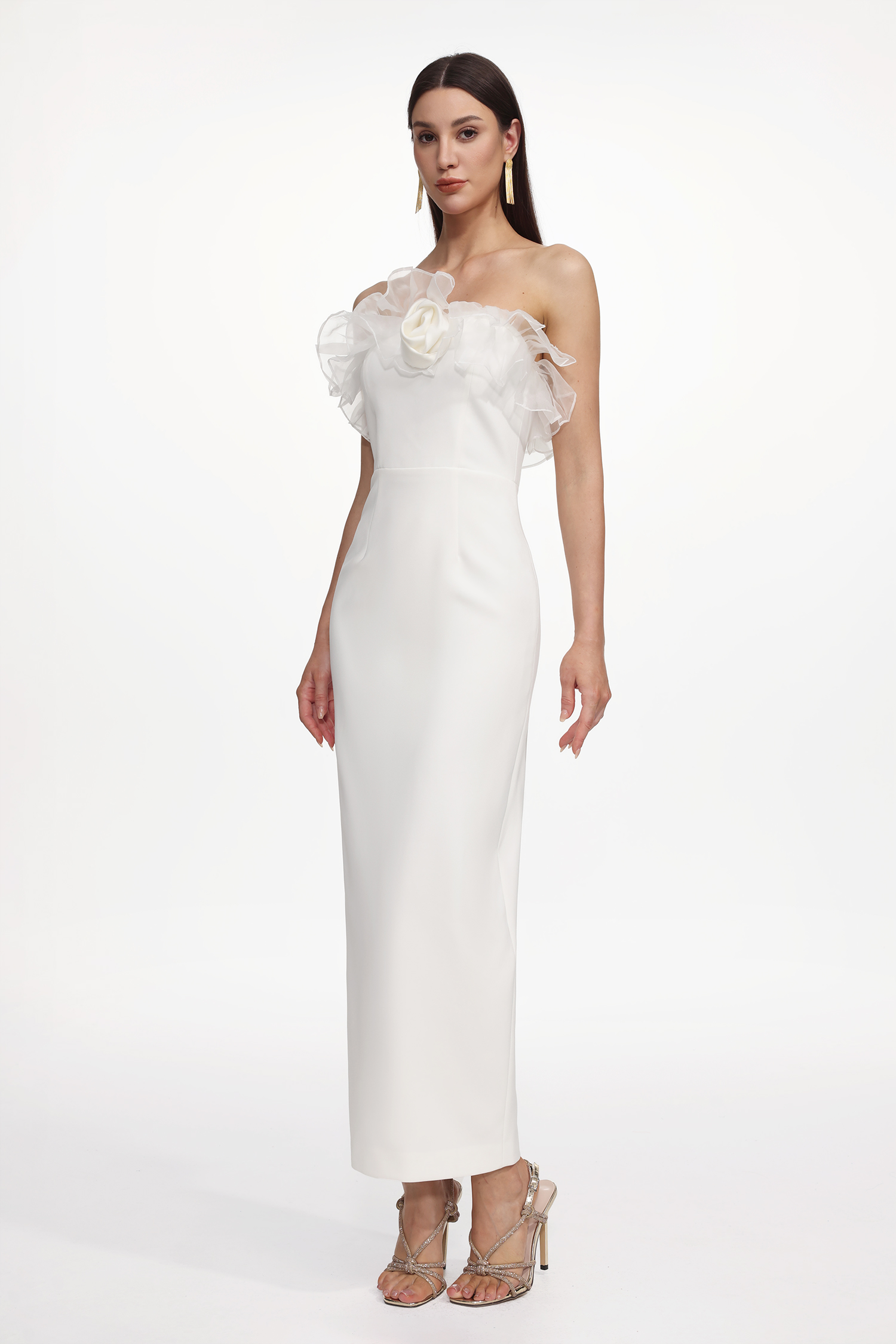 Oana Elegant Contour Strapless Ruffle Floral Maxi Dress