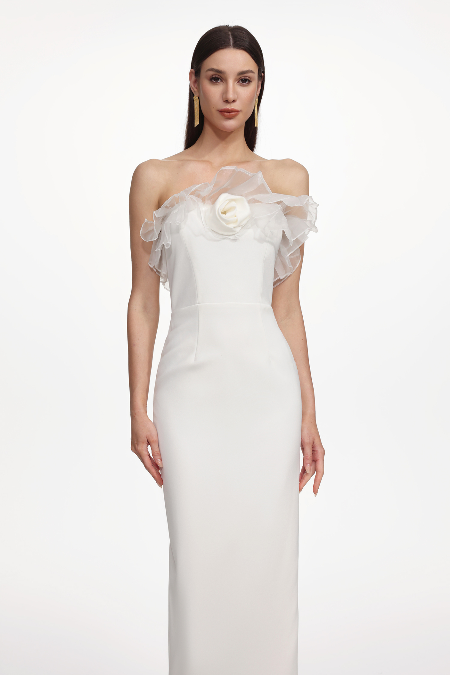 Oana Elegant Contour Strapless Ruffle Floral Maxi Dress