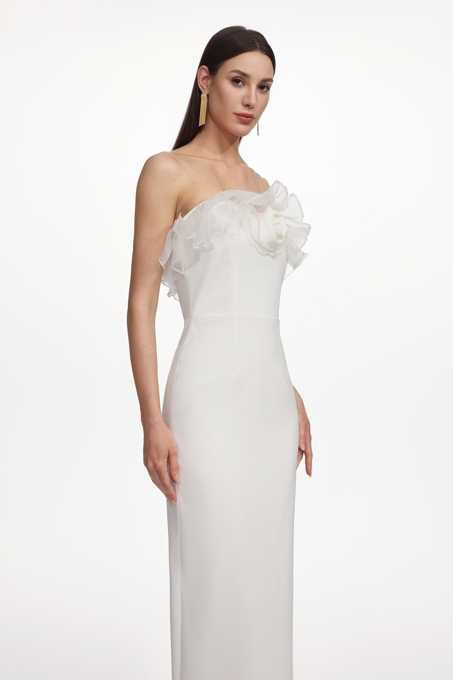 Oana Elegant Contour Strapless Ruffle Floral Maxi Dress