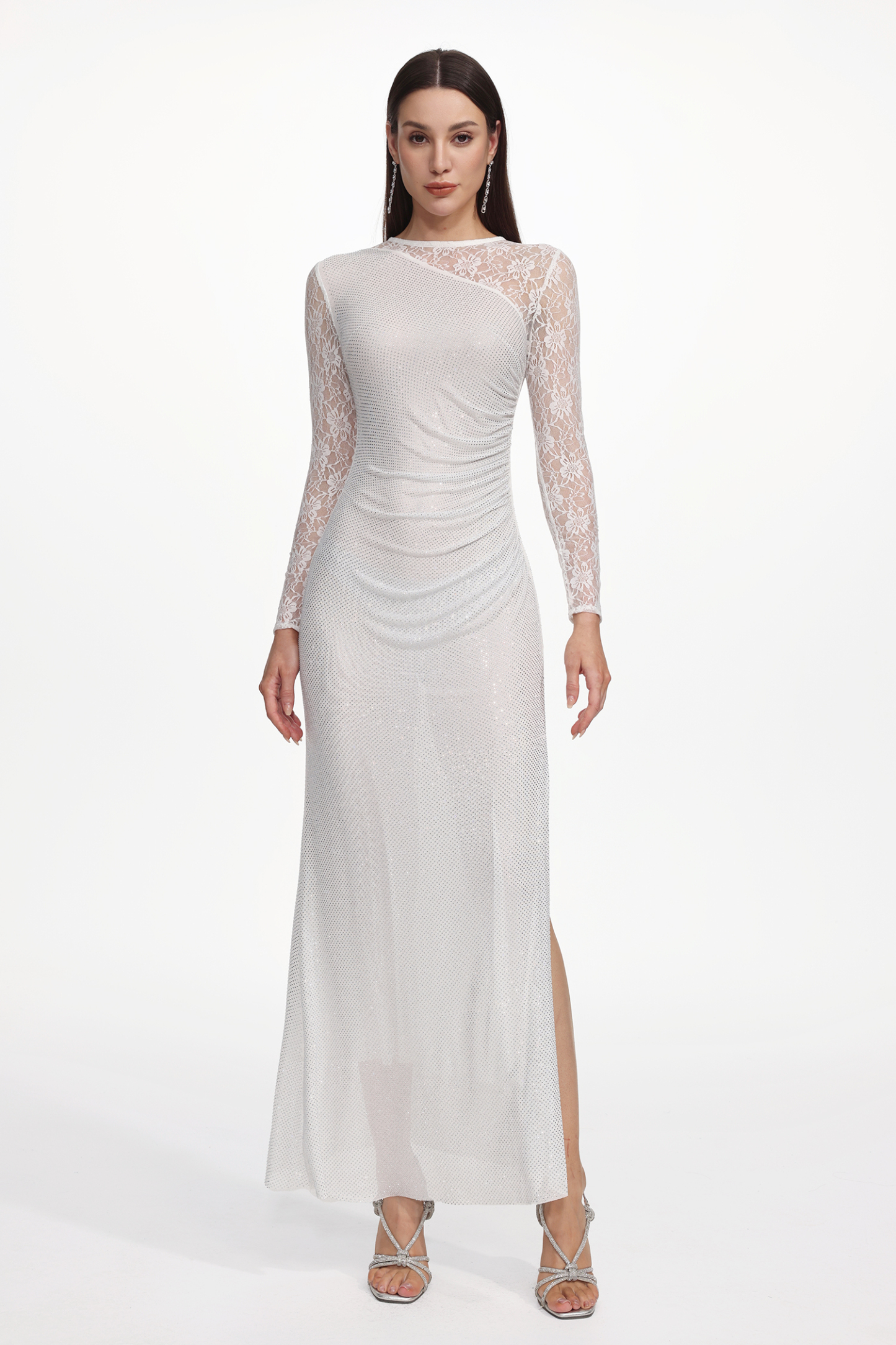 Uabeza Elegant Contour Long Sleeve Ruched Crystal Lace White Maxi Dress