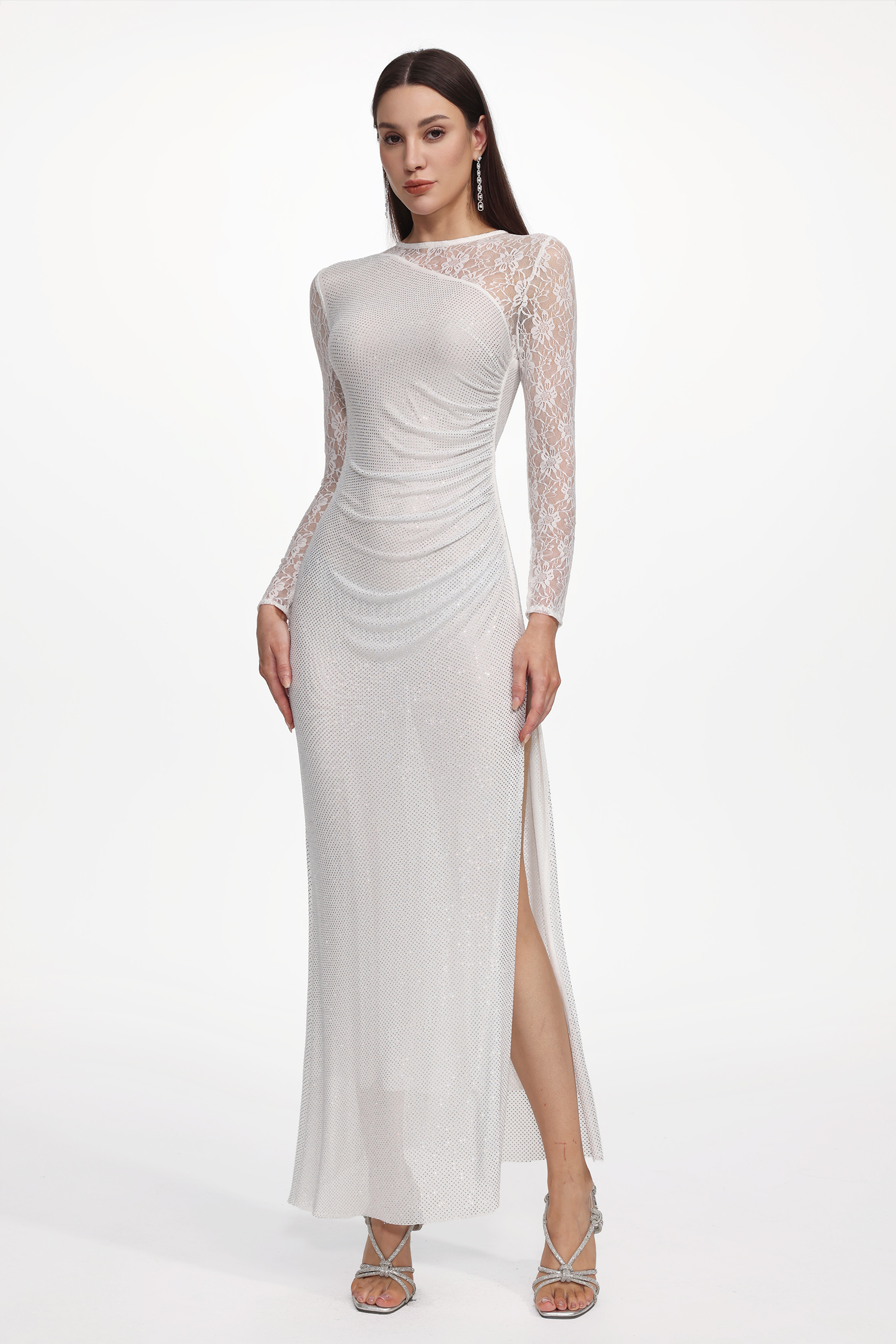 Uabeza Elegant Contour Long Sleeve Ruched Crystal Lace White Maxi Dress