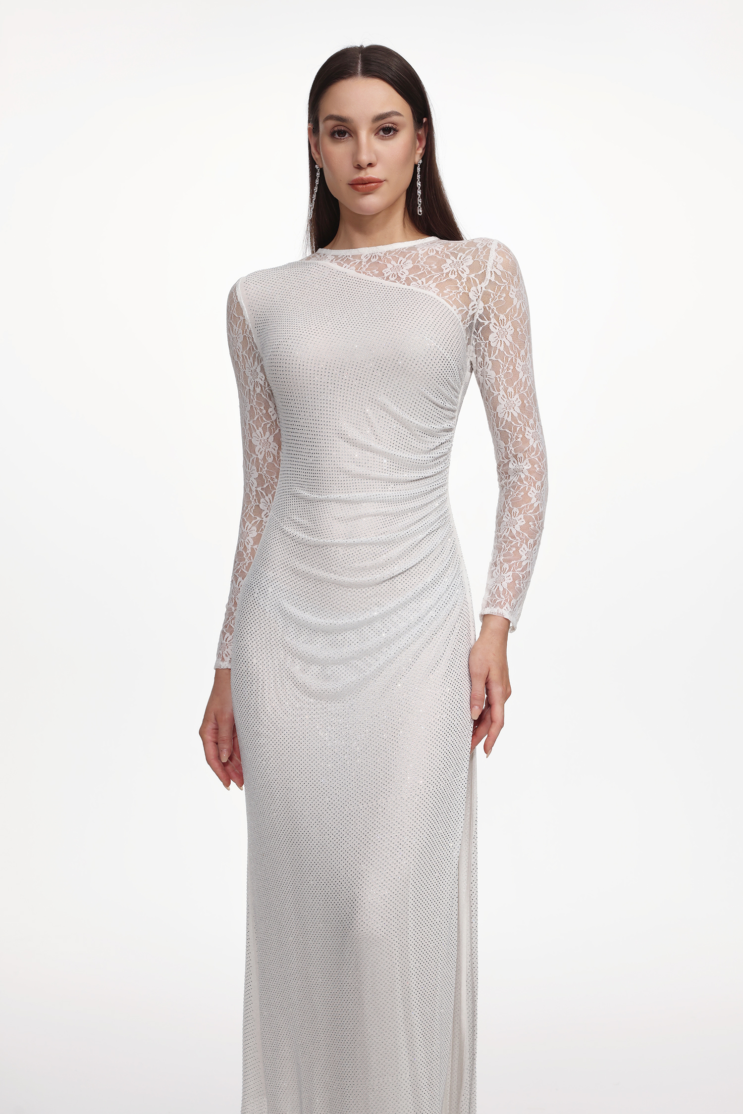 Uabeza Elegant Contour Long Sleeve Ruched Crystal Lace White Maxi Dress