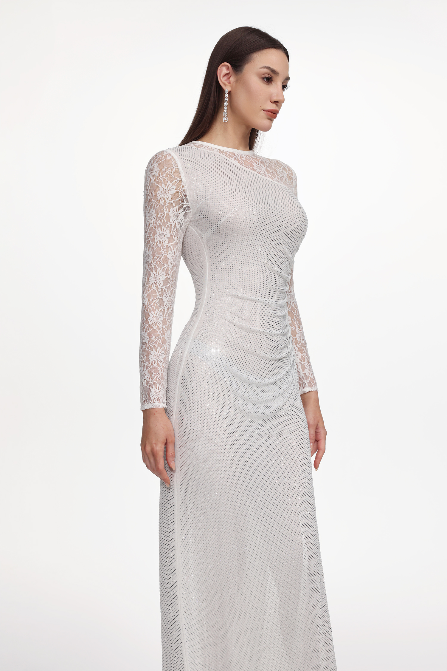 Uabeza Elegant Contour Long Sleeve Ruched Crystal Lace White Maxi Dress