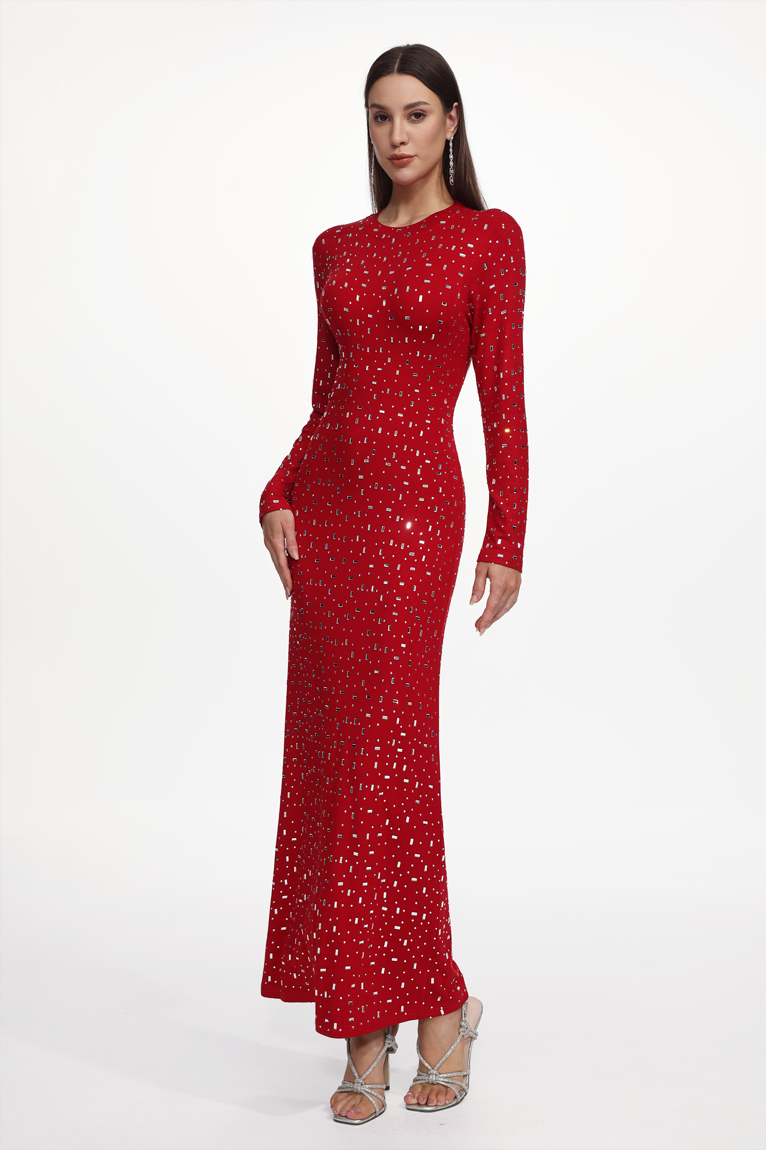 Icey Romantic Contour Long Sleeve Crystal Maxi Dress