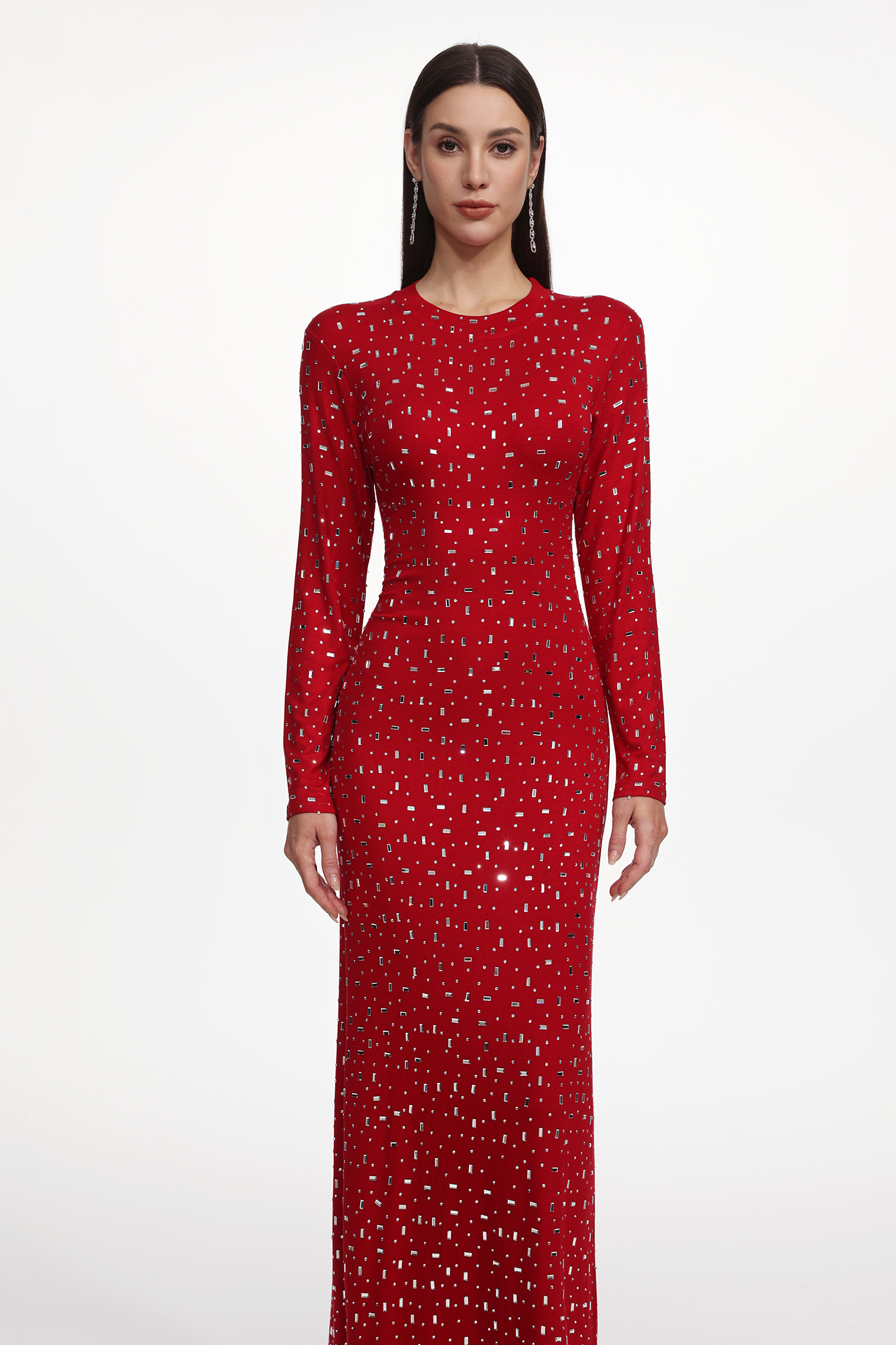 Icey Romantic Contour Long Sleeve Crystal Maxi Dress