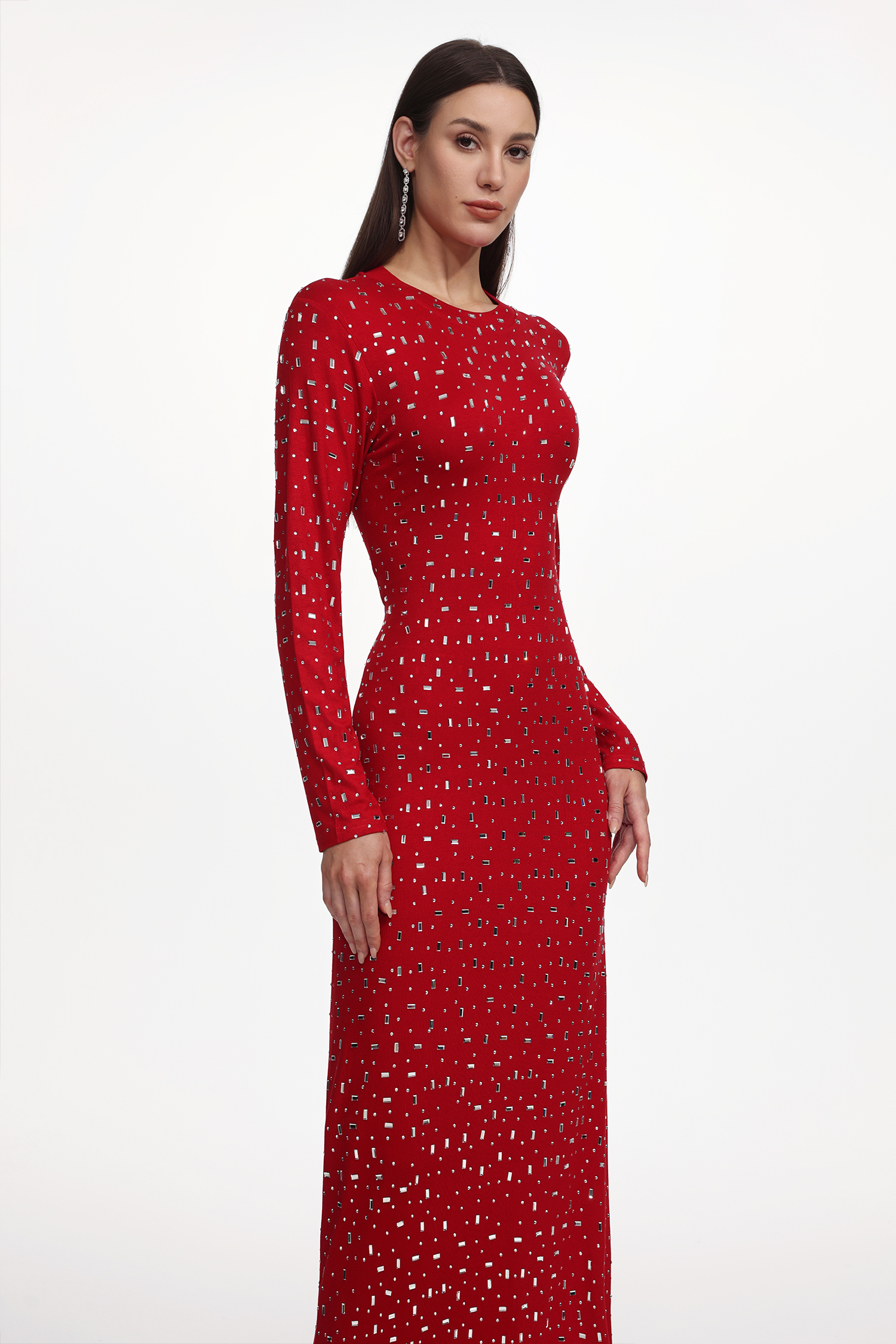 Icey Romantic Contour Long Sleeve Crystal Maxi Dress