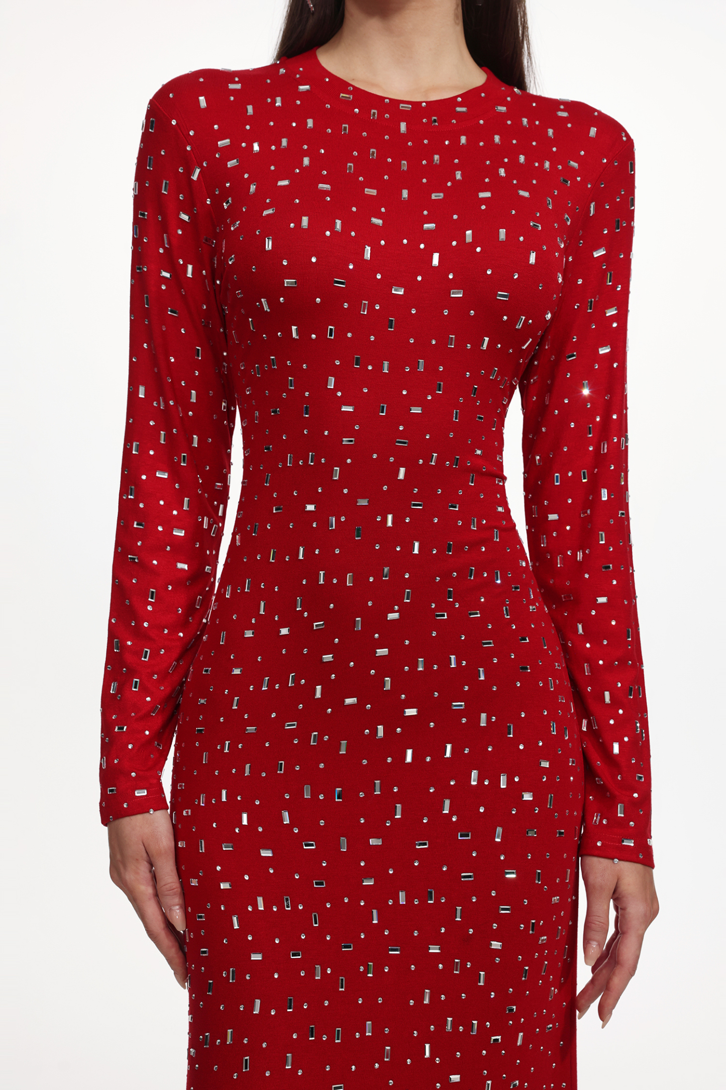 Icey Romantic Contour Long Sleeve Crystal Maxi Dress