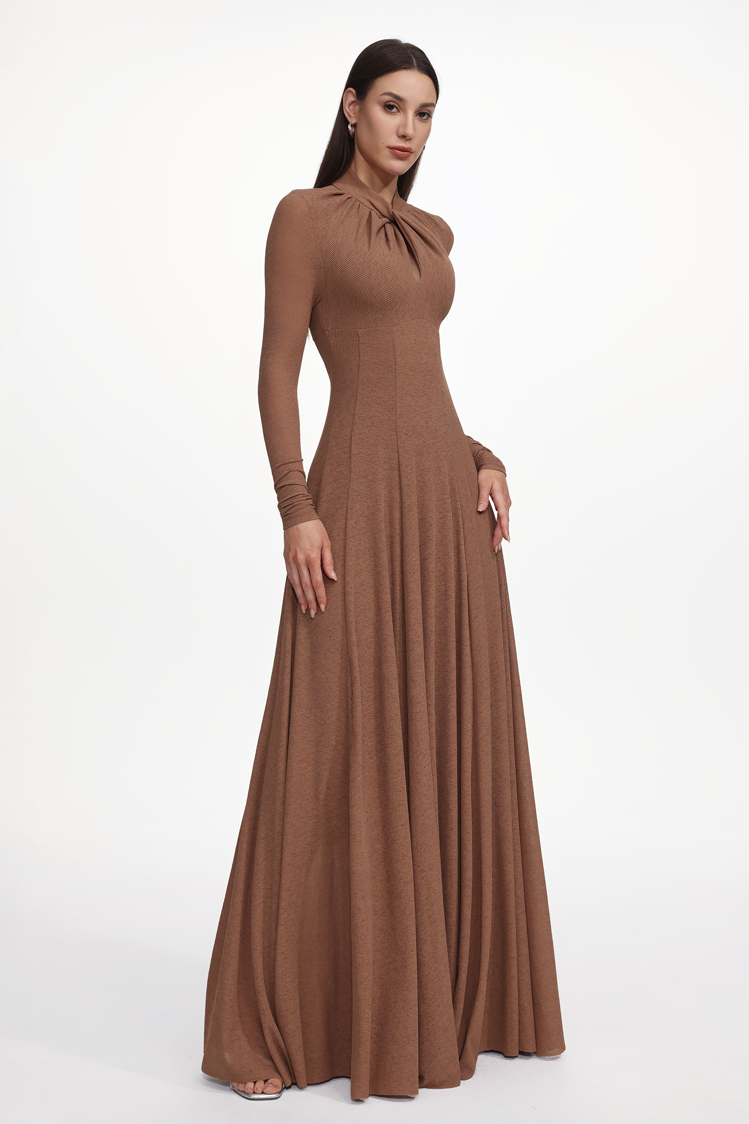 Dekia Elegant Contour Long Sleeve Twist Knit Maxi Dress